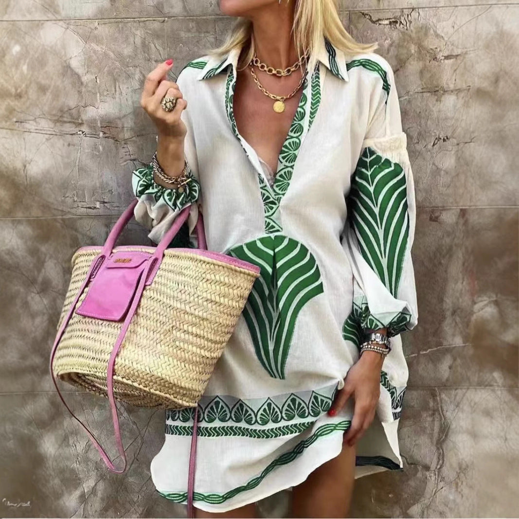 Spring-Summer Casual Long Shirt Dress – Relaxed Long Sleeve V-Neck Tunic, Women's Loose Midi