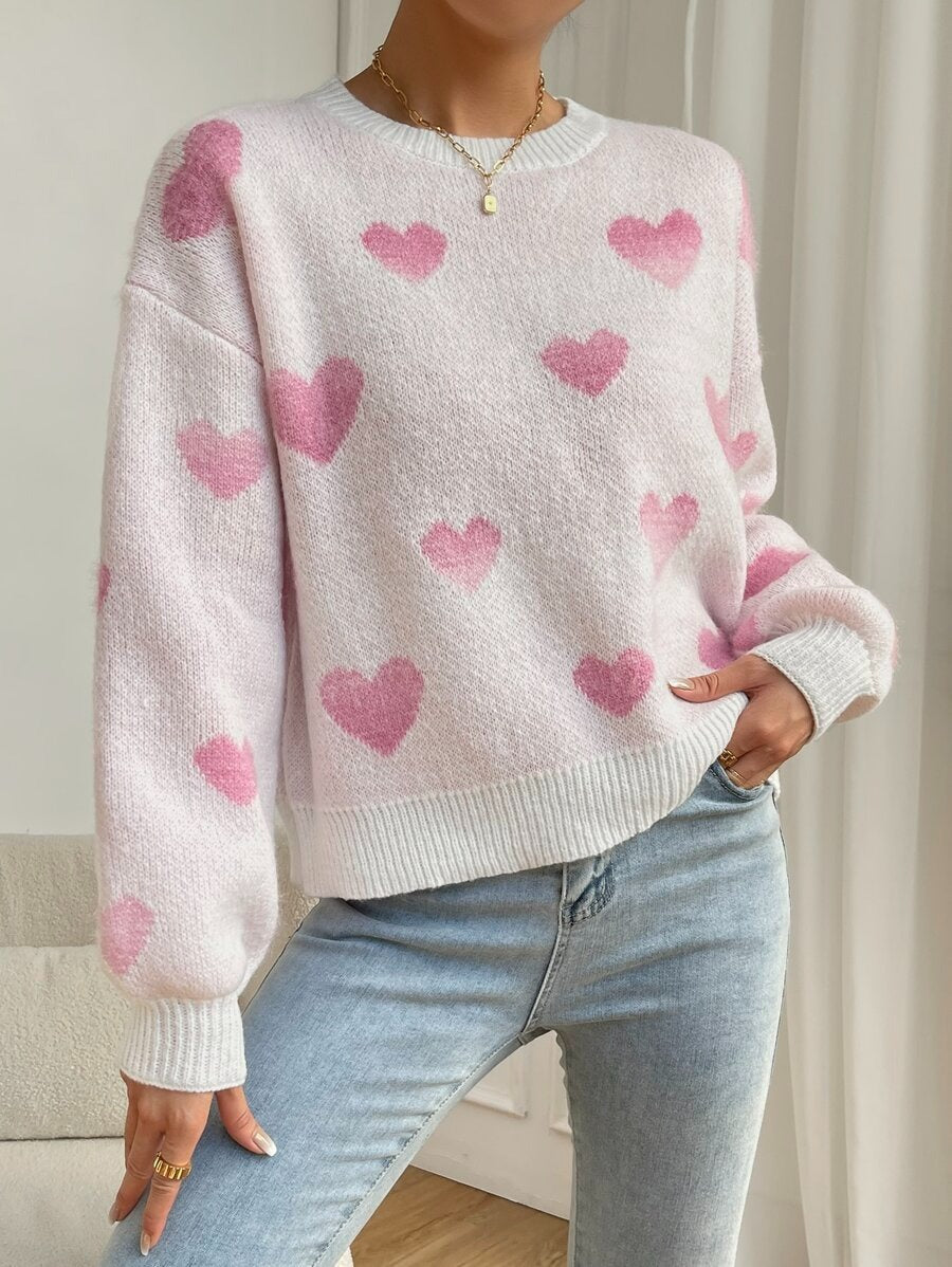 Women Autumn Winter Love Pullover Loose Casual Office round Neck Knitted Sweater for Women