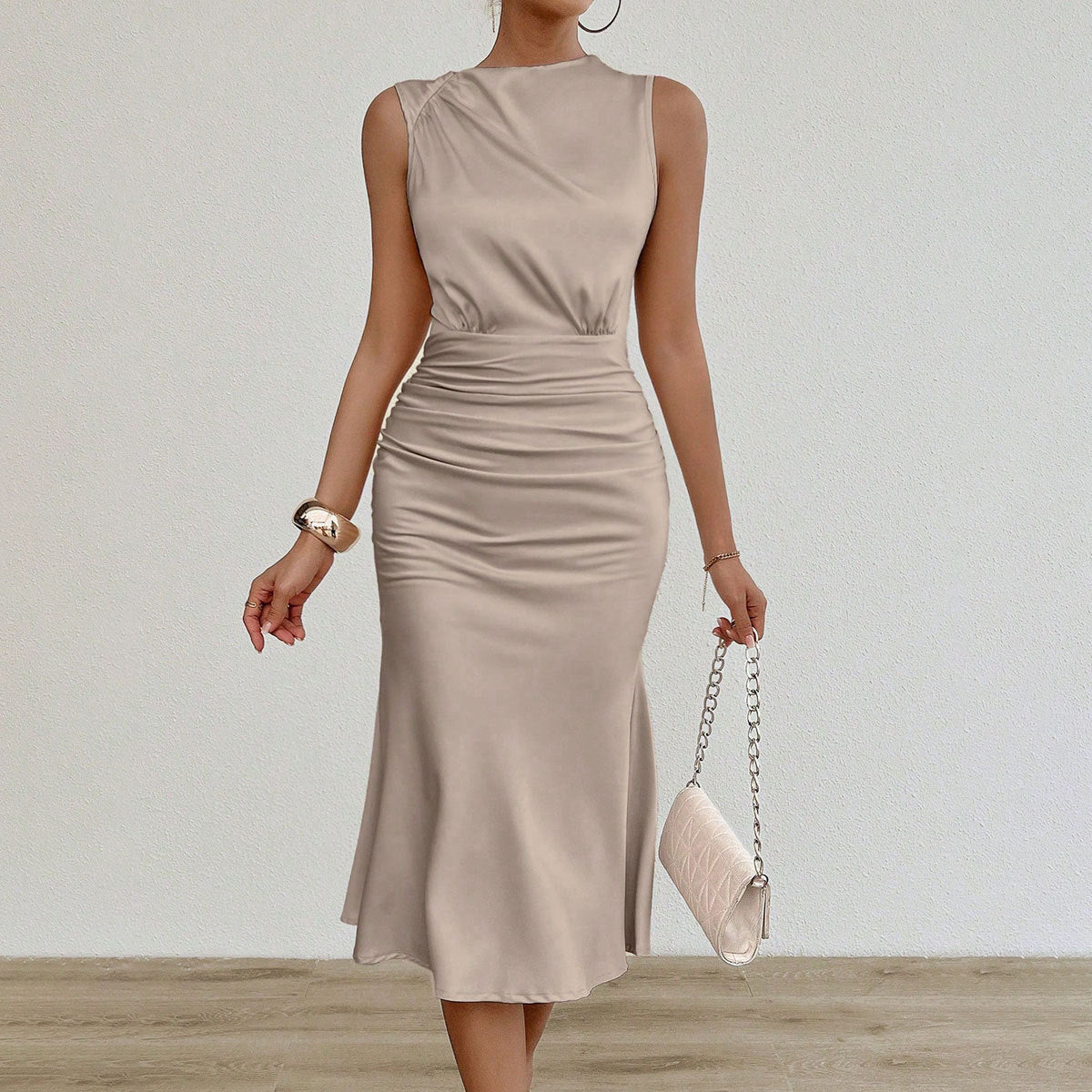 Women Clothes Summer Sexy Satin Dress Pleated Satin Midi Dress