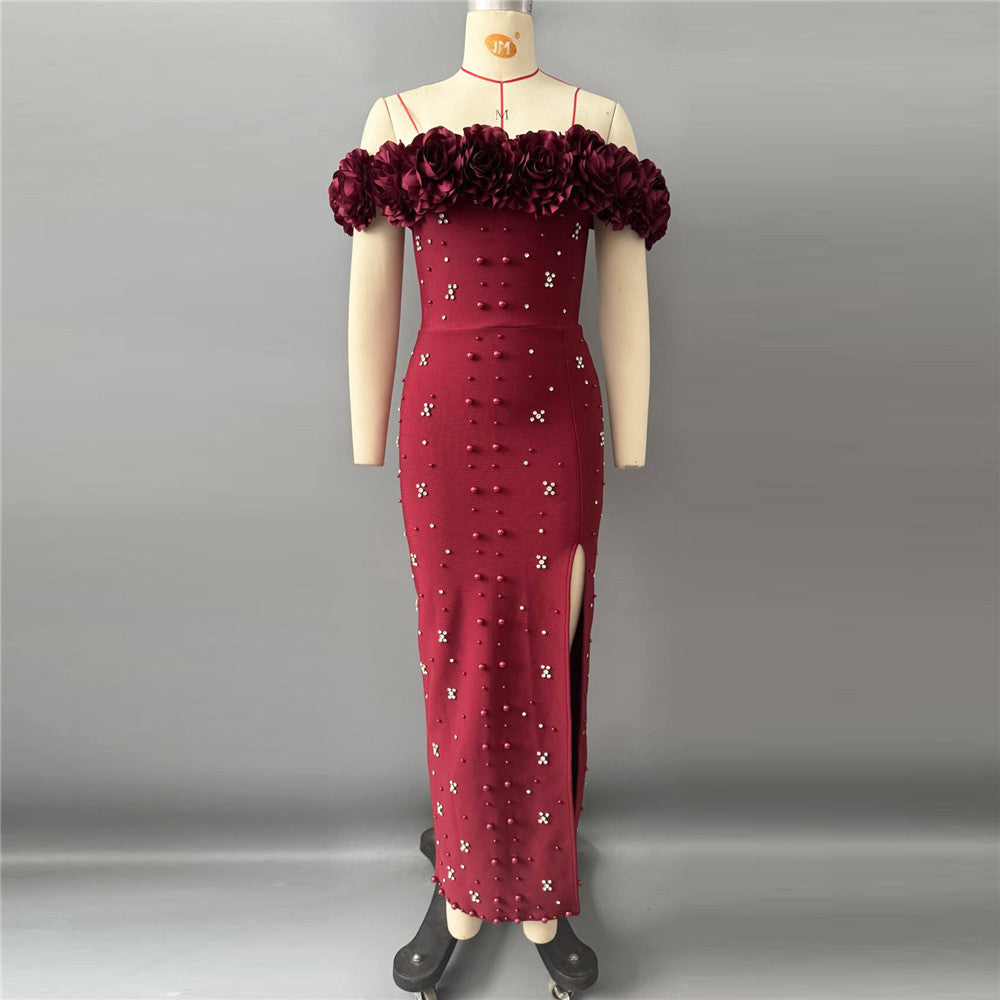 Sexy off Shoulder Beads Rhinestones Bandage One Piece Dress Applique Party Gathering Evening Dress