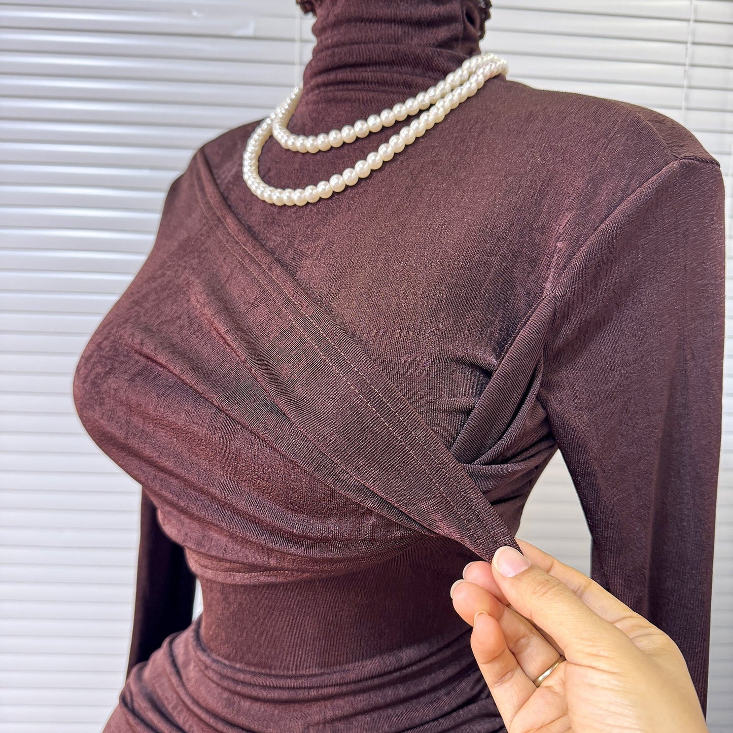 Spring Evening Gown – Elegant High-Neck Bodycon Long Sleeve Dress, Formal Cocktail Midi