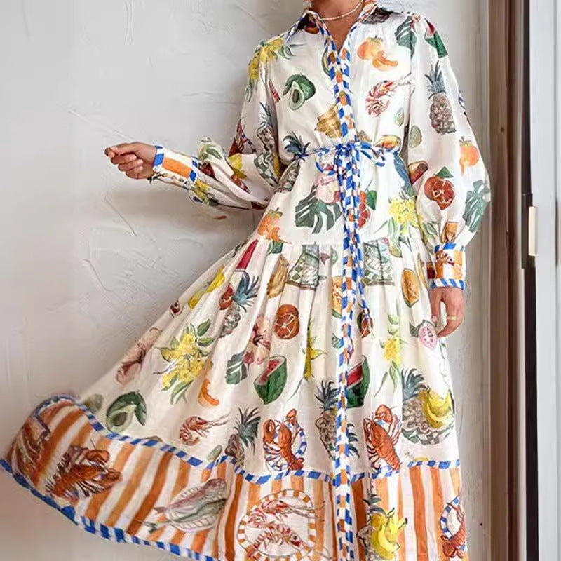 Women Elegant Lantern Sleeve Printed Long Collared Waist Tight Long Sleeve Dress Women