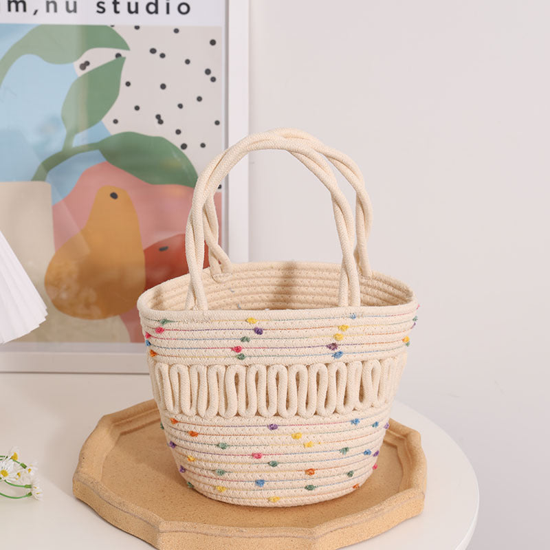 Cute Colorful Bag Small Basket Niche Hollow Out Cutout Bucket Woven Bag Women Handheld Straw Bag