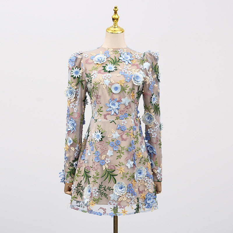 Heavy Industry Three Dimensional Floral Embroidered Slim Long Sleeve Short Dress Women