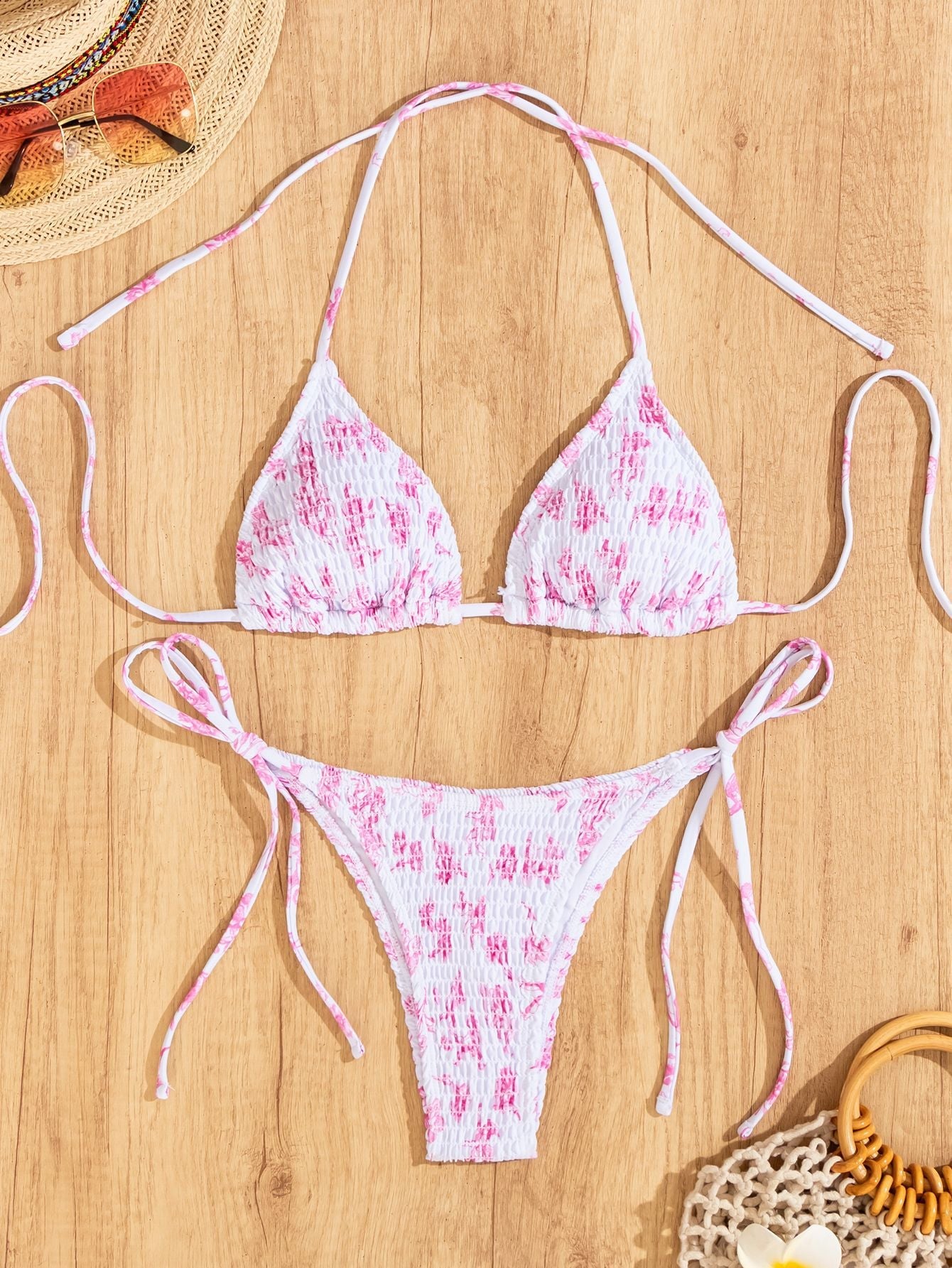 Bikini Printing Smocking Leopard Print Triangle Cup Sexy Split Bikini Swimsuit for Women