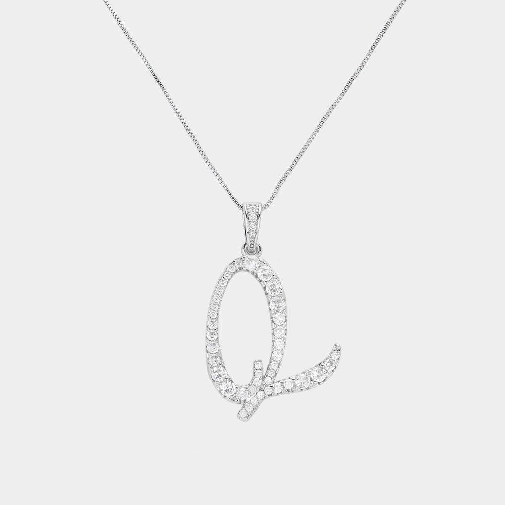 -Q- CZ Initial Monogram Pendant Necklace