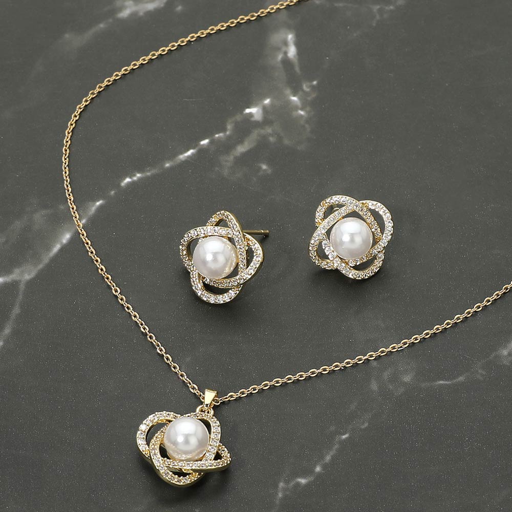 Stainless Steel Pearl Accent Stone Pave Flower Pendant Necklace