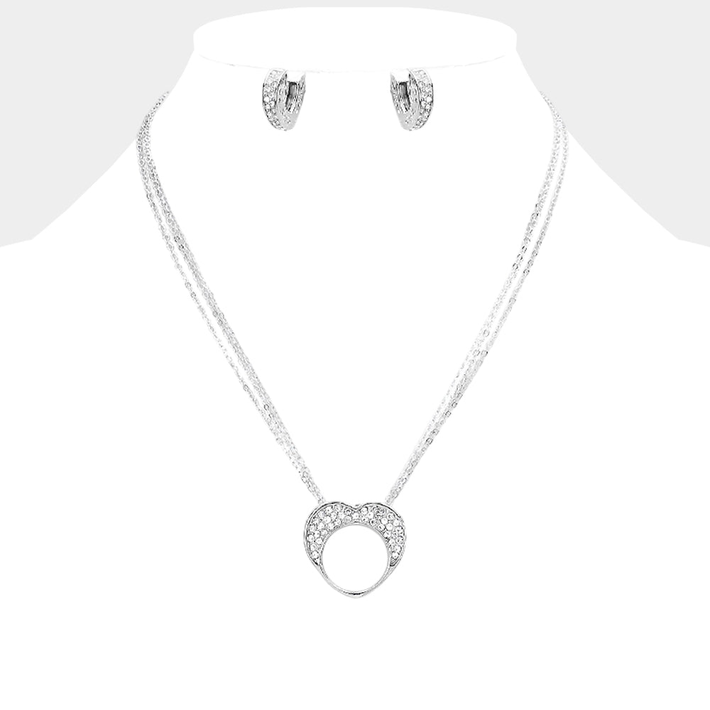 Crystal Rhinestone Pave Heart Cutout Round Pendant Necklace