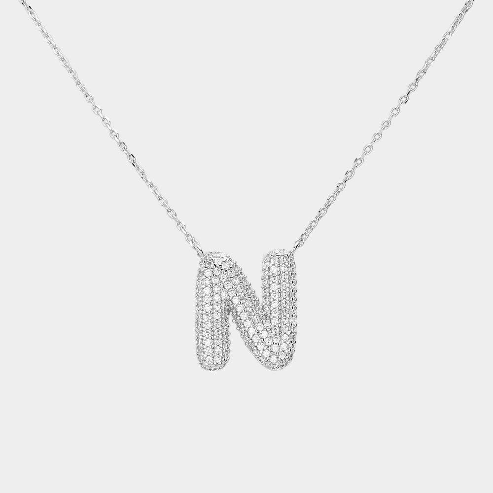 -N- White Gold Dipped CZ Initial Monogram Pendant Necklace