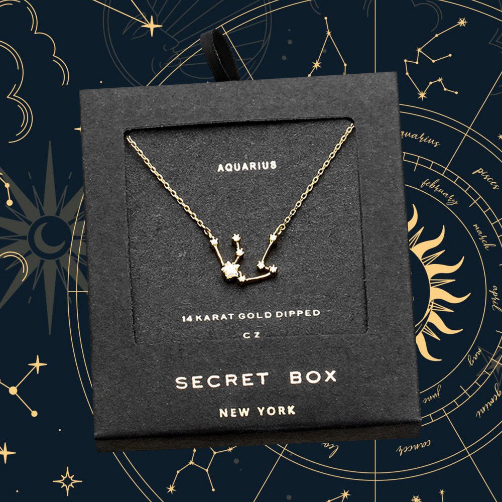 SECRET BOX_14K Gold Dipped CZ Aquarius Zodiac Sign Pendant Necklace