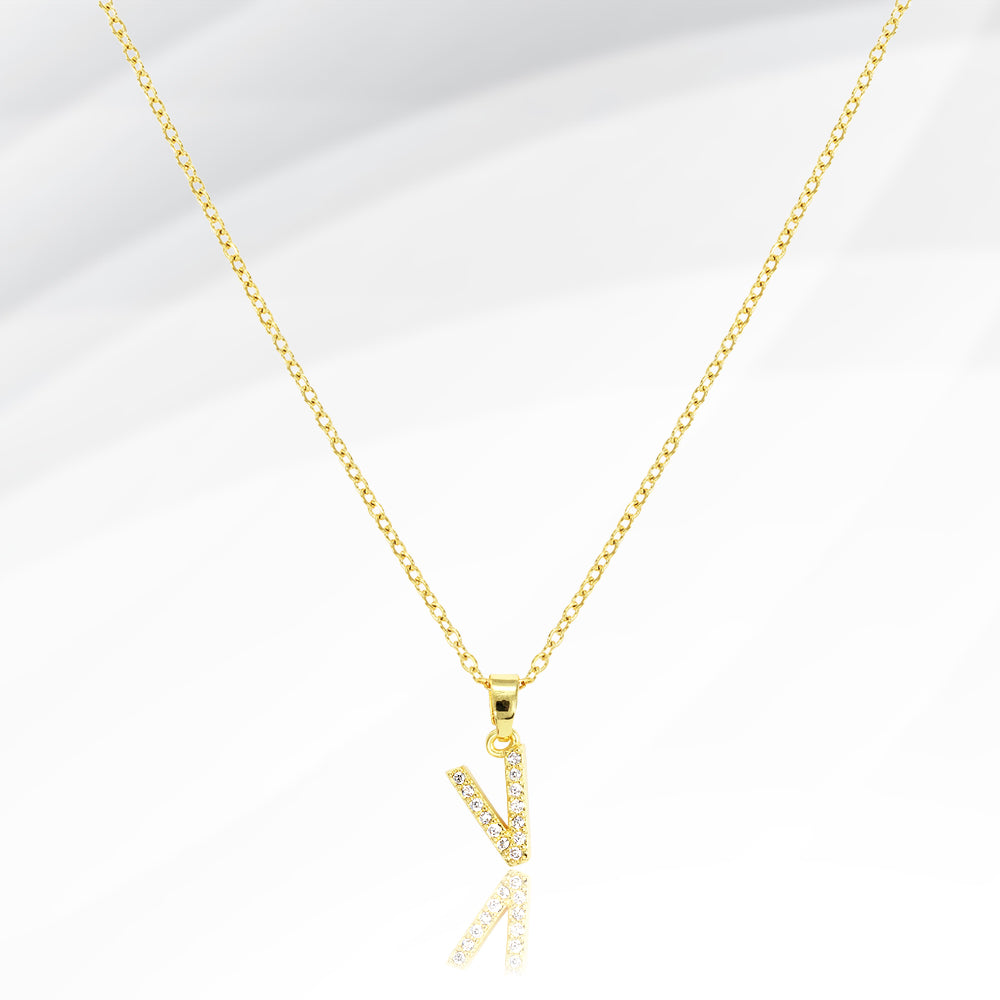 -V- Stainless Steel CZ Stone Paved Initial Monogram Pendant Necklace