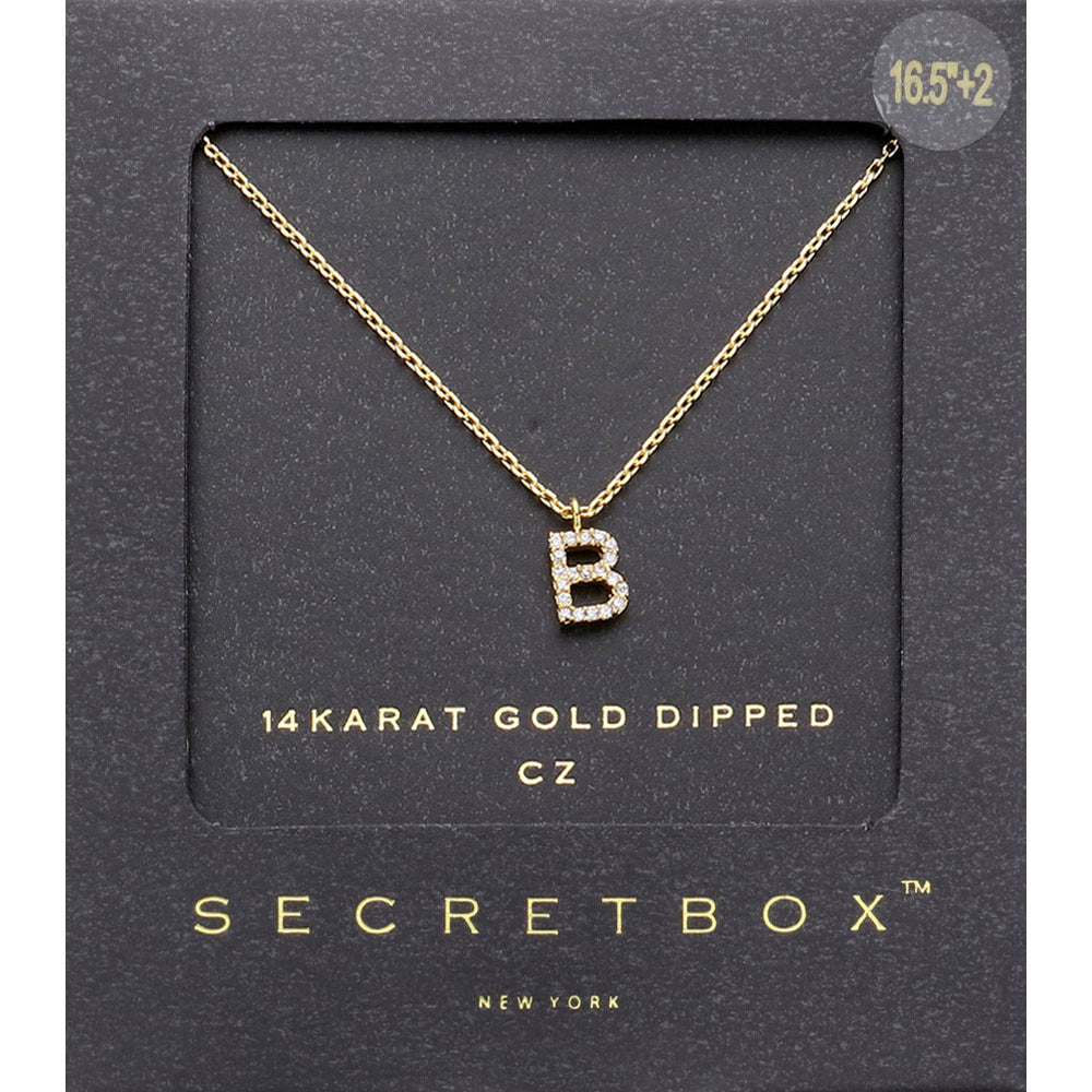 -B- Secret Box _ 14K Gold Dipped CZ Initial Monogram Pendant Necklace
