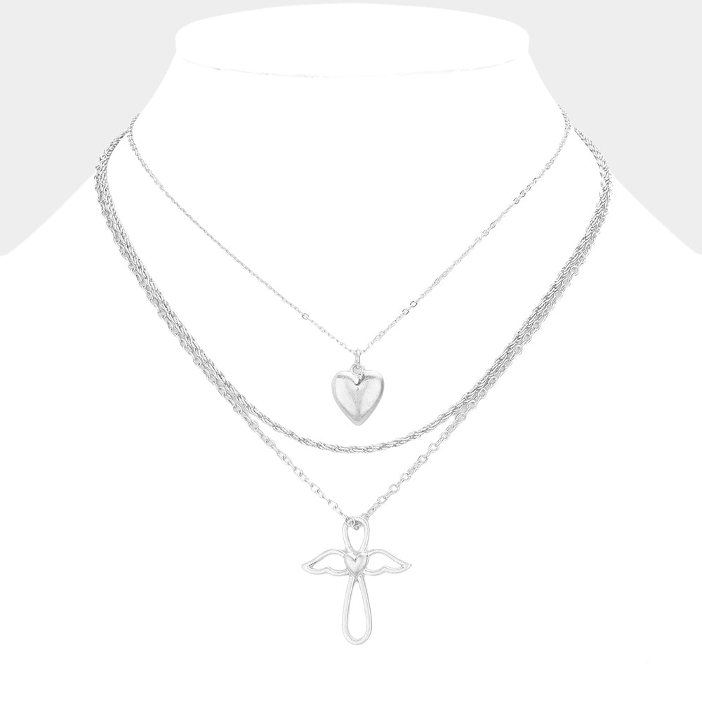 3PCS - Metal Heart Angel Wing Cross Pendant Necklaces