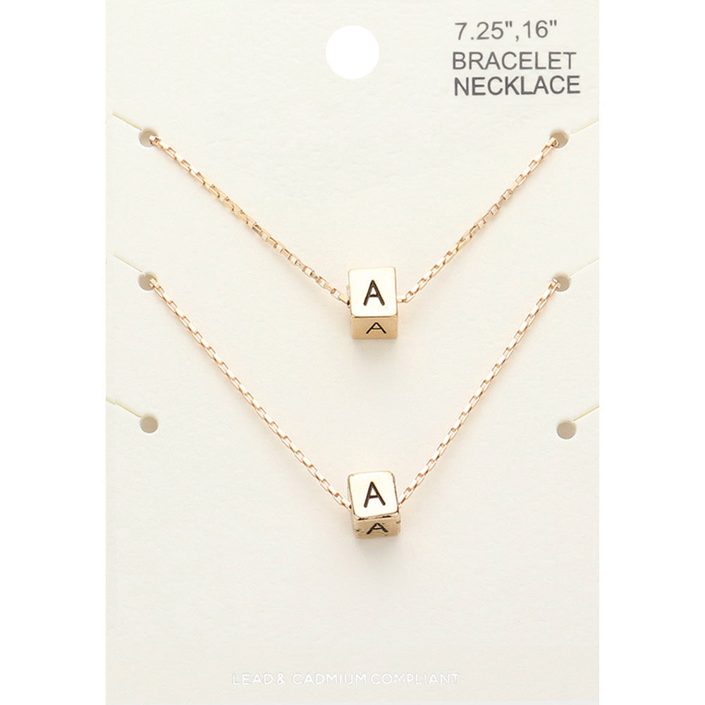 2PCS - -A- Initial Monogram Metal Cube Pendant Necklace / Bracelet Set