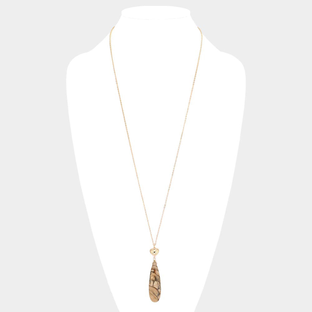 Metal Heart Teardrop Natural Stone Link Pendant Long Necklace
