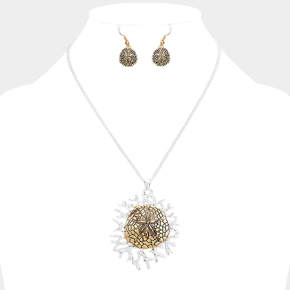 Metal Sand Dollar Coral Pendant Necklace