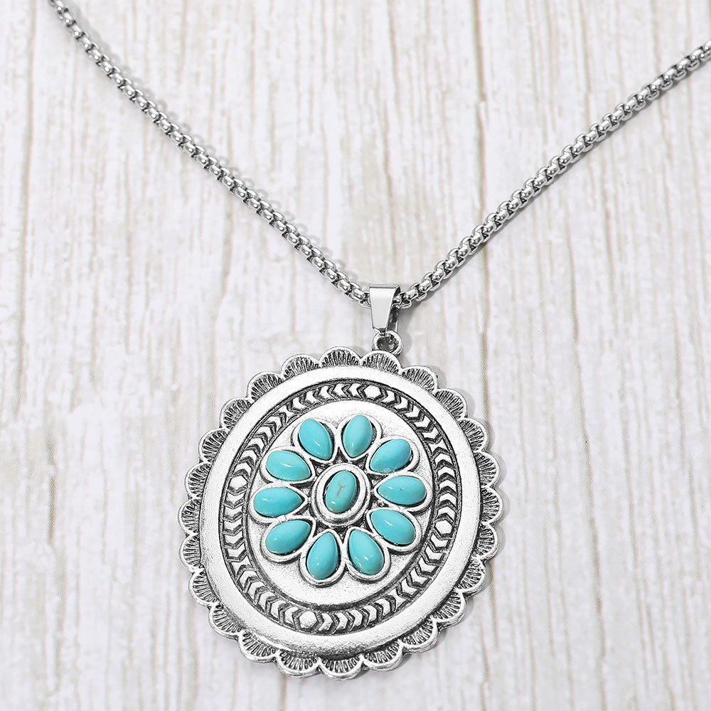 Vintage Floral Stone Accent Oval Medallion Pendant Necklace