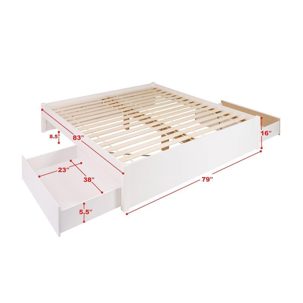 King Size 2 Drawer Storage White Wooden 4 Post Platform Bed Frame-4