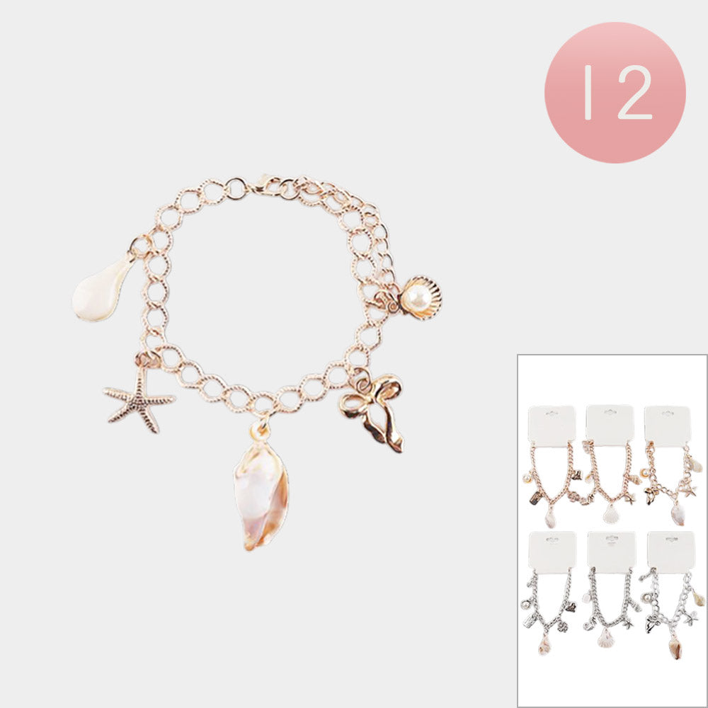 12PCS - Pearl Shell Starfish Bow Charm Station Bracelets