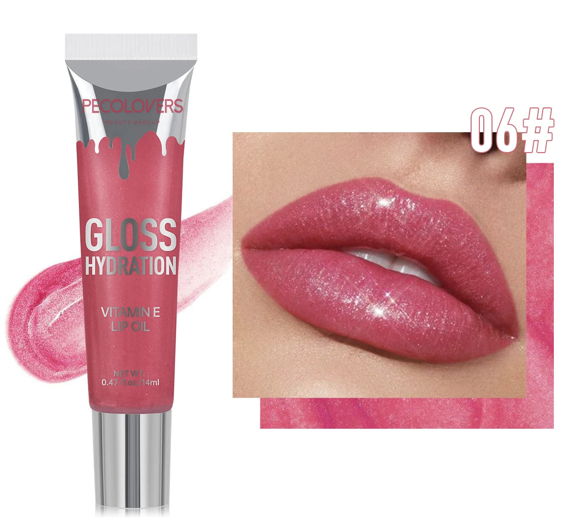 PecoLovers lip gloss with a close-up of lips wearing the product on a white background