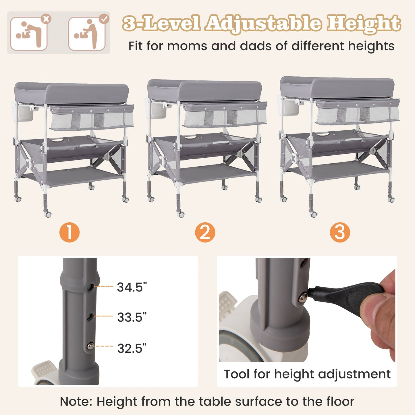 Portable Baby Changing Table with Wheels and Large Storage Rack