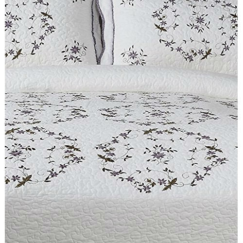 Queen size Cotton Bedspread with Scalloped Edges and Floral Print Embroidery in White-2