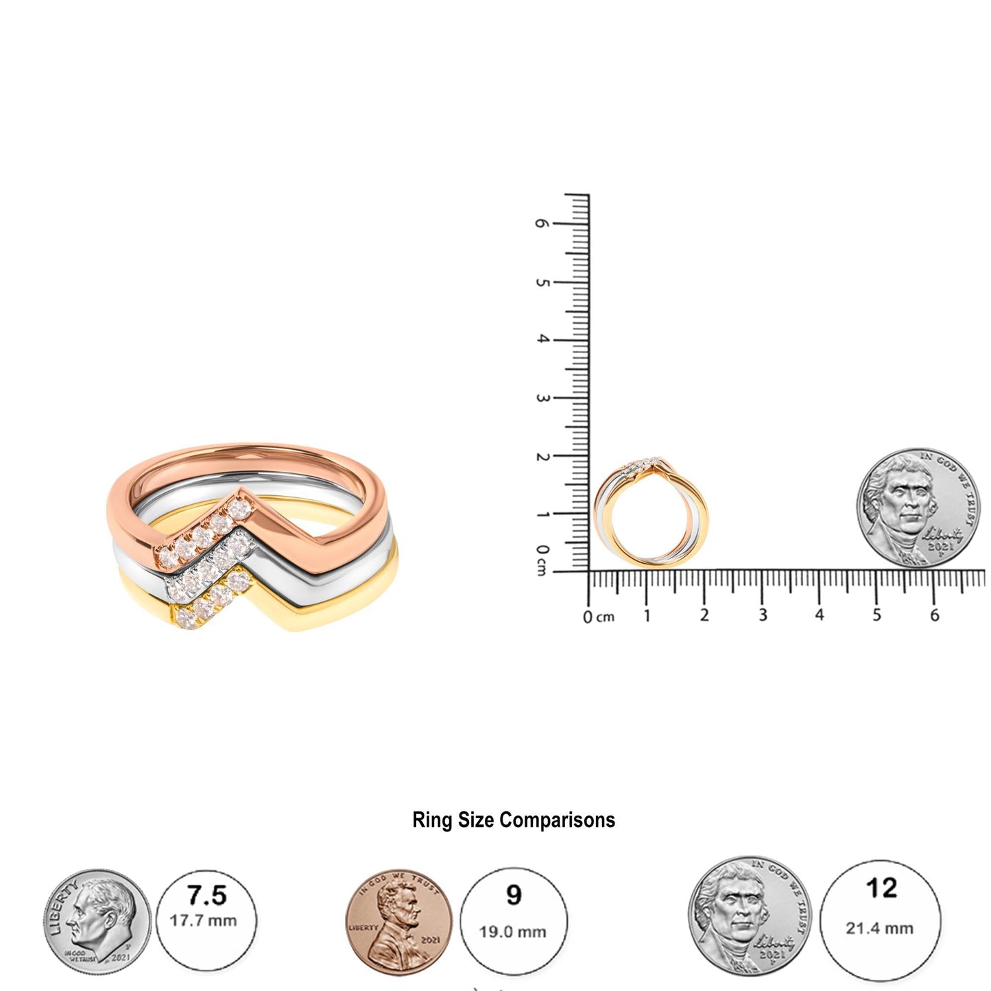 14K Gold 1/4 Cttw Diamond Geometrical Chevron V Stackable Band Ring Set (G-H Color, SI1-SI2 Clarity) - Size 7-4