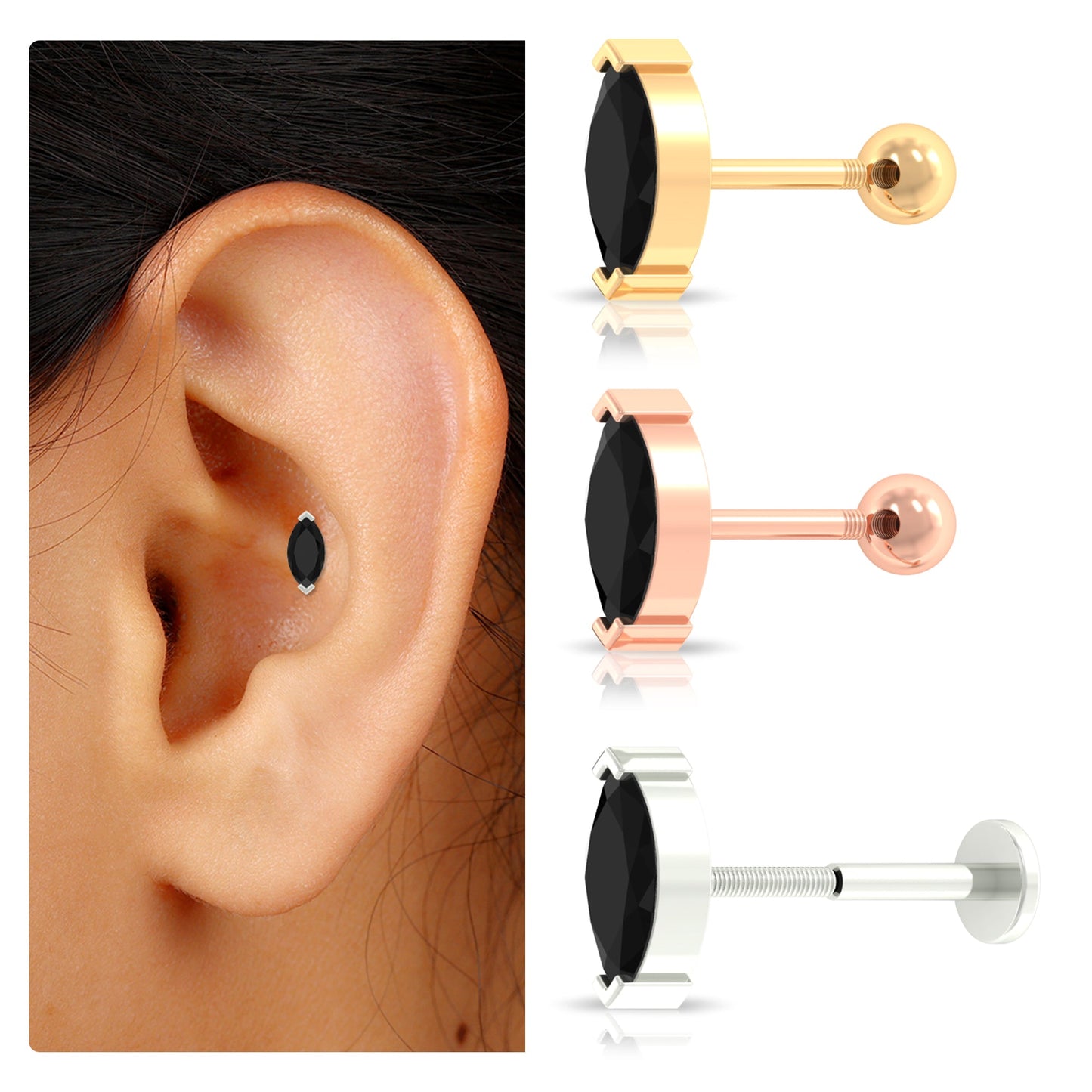 Natural 0.74 Carat Marquise Shape Black Onyx Conch Earring