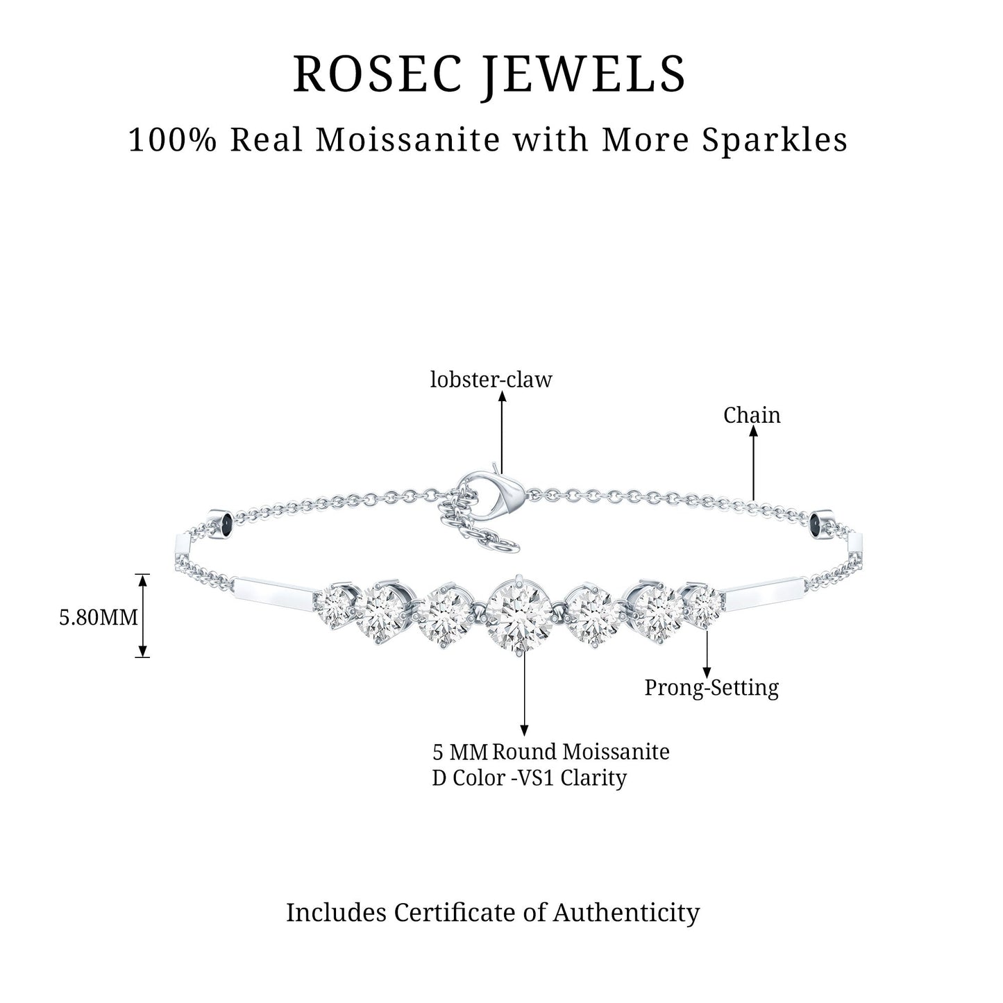 Graduated Style Round Moissanite Link Chain Bracelet for Women