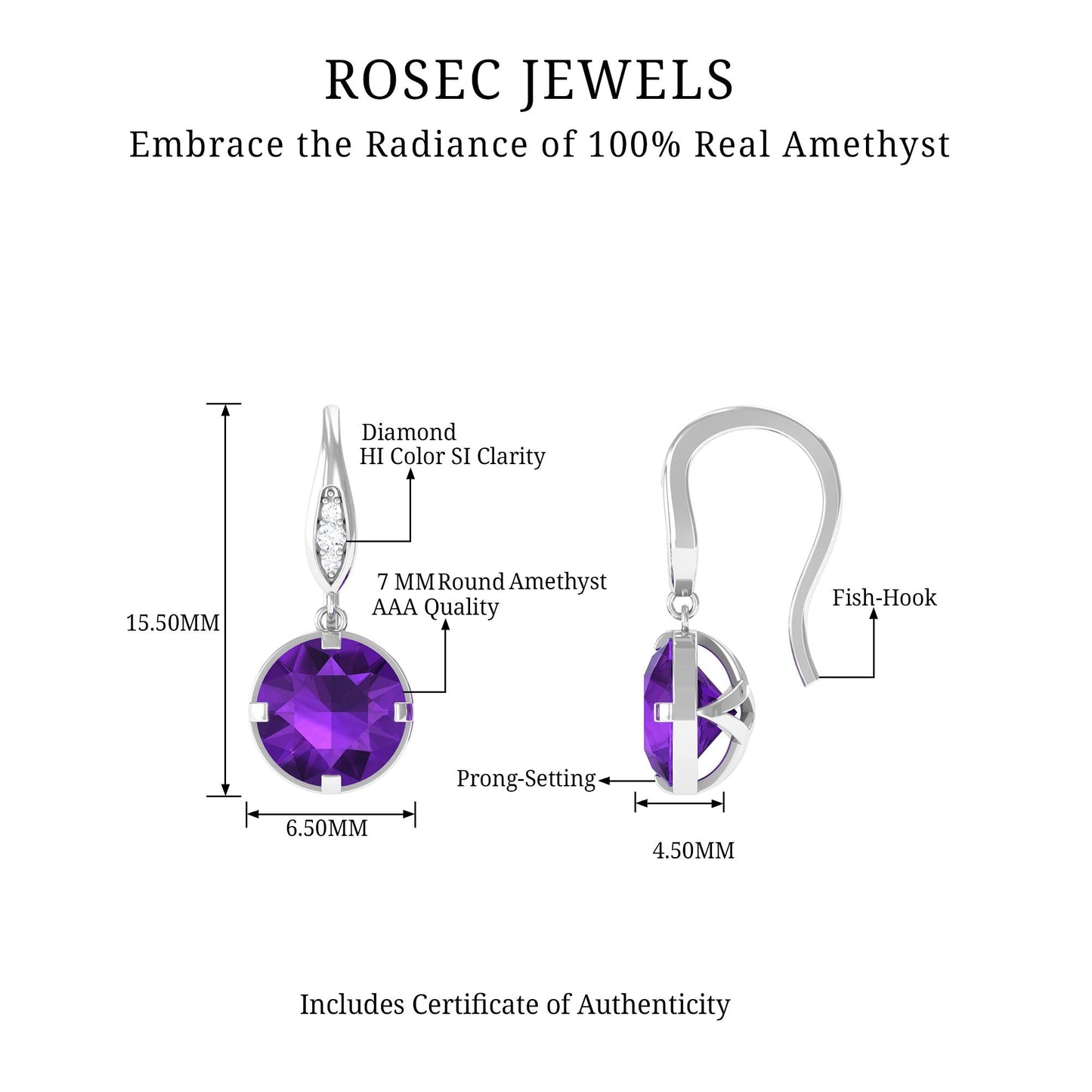 Natural 2.4 Carat Amethyst Solitaire Drop Earrings with Diamond