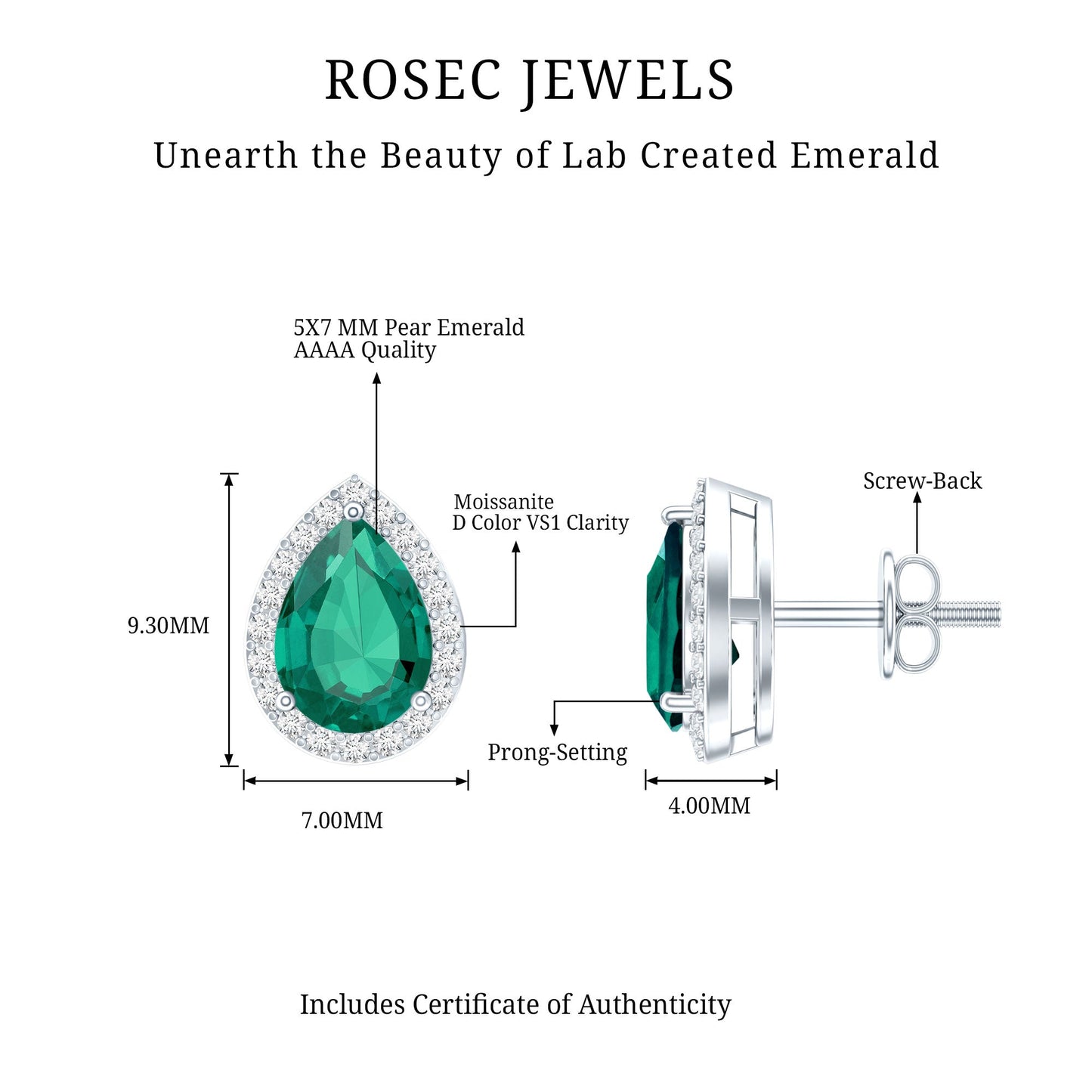 Sterling Silver 1.4 Carat Lab Grown Emerald Teardrop Earrings with Halo