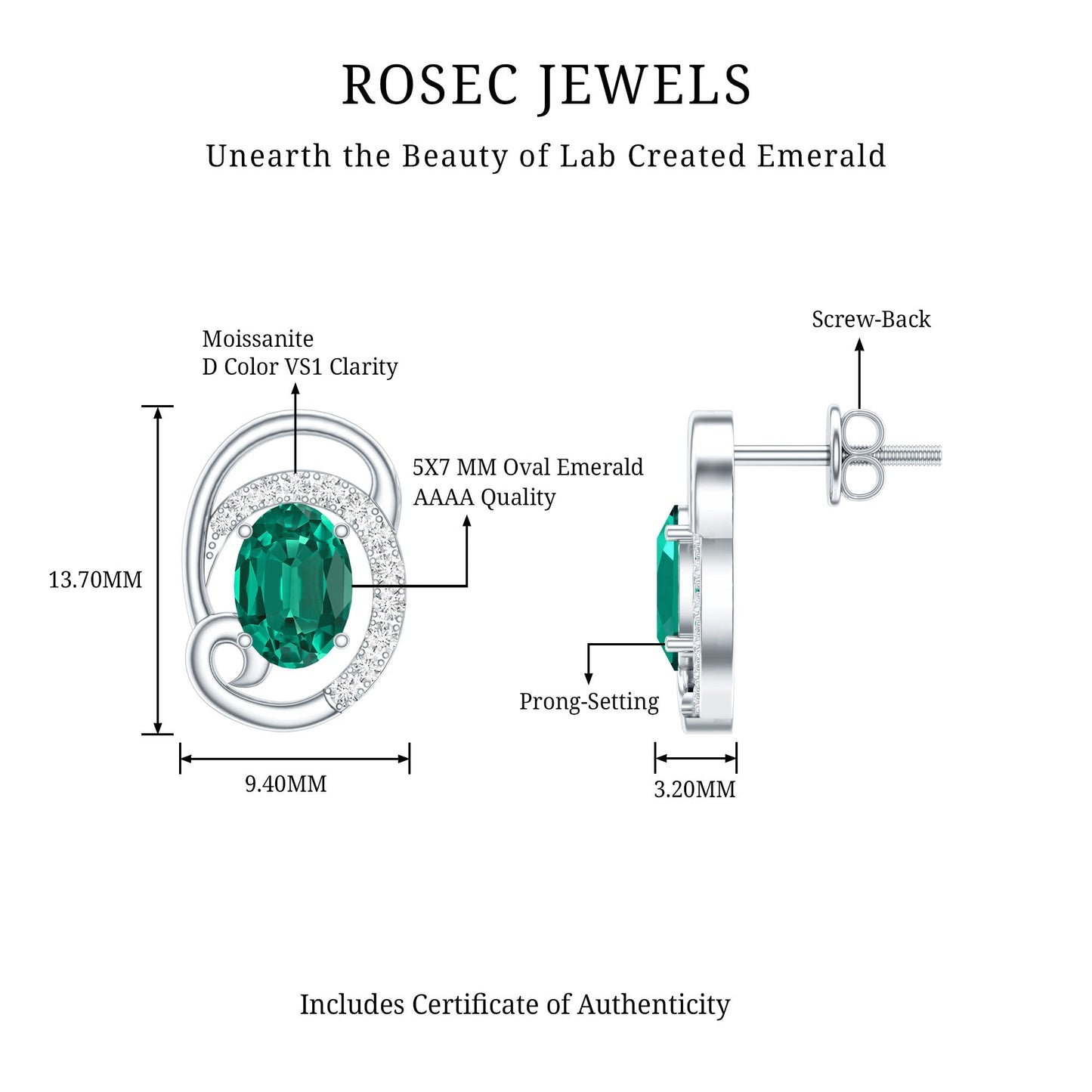 Oval Shaped 1.7 Carat Lab Grown Emerald Designer Earrings in Sterling Silver