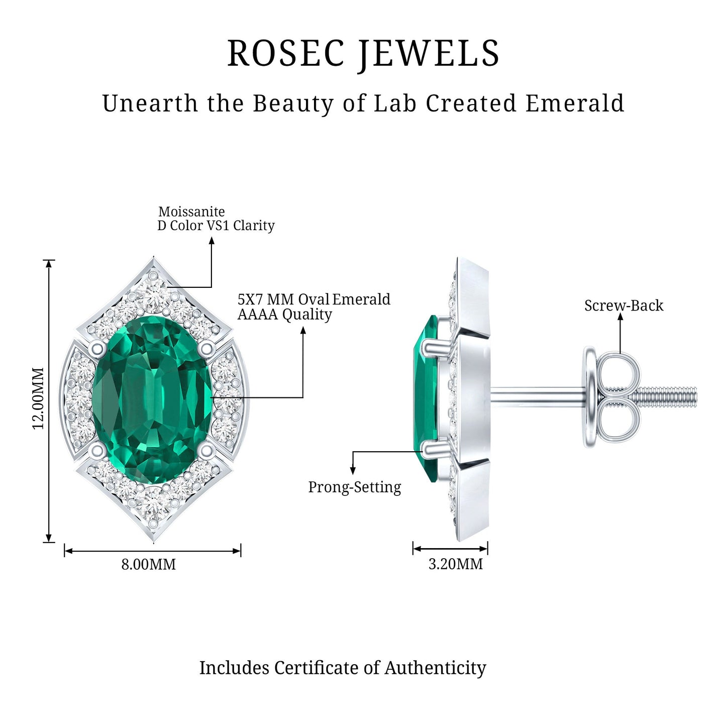 Certified 1.7 Carat Lab Grown Emerald Vintage Stud Earrings with Moissanite