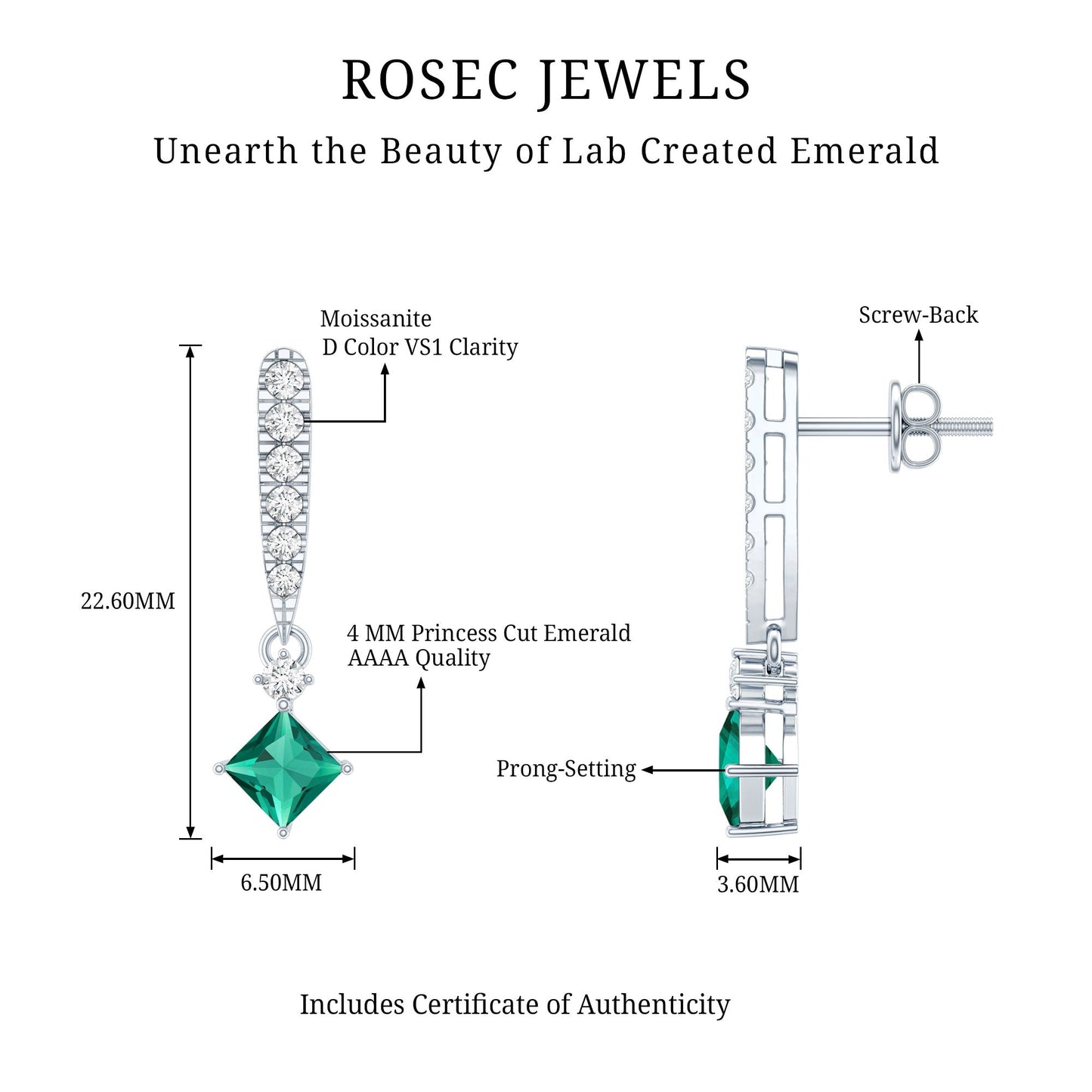 Princess Cut 0.7 Carat Lab Grown Emerald Drop Earrings with Moissanite