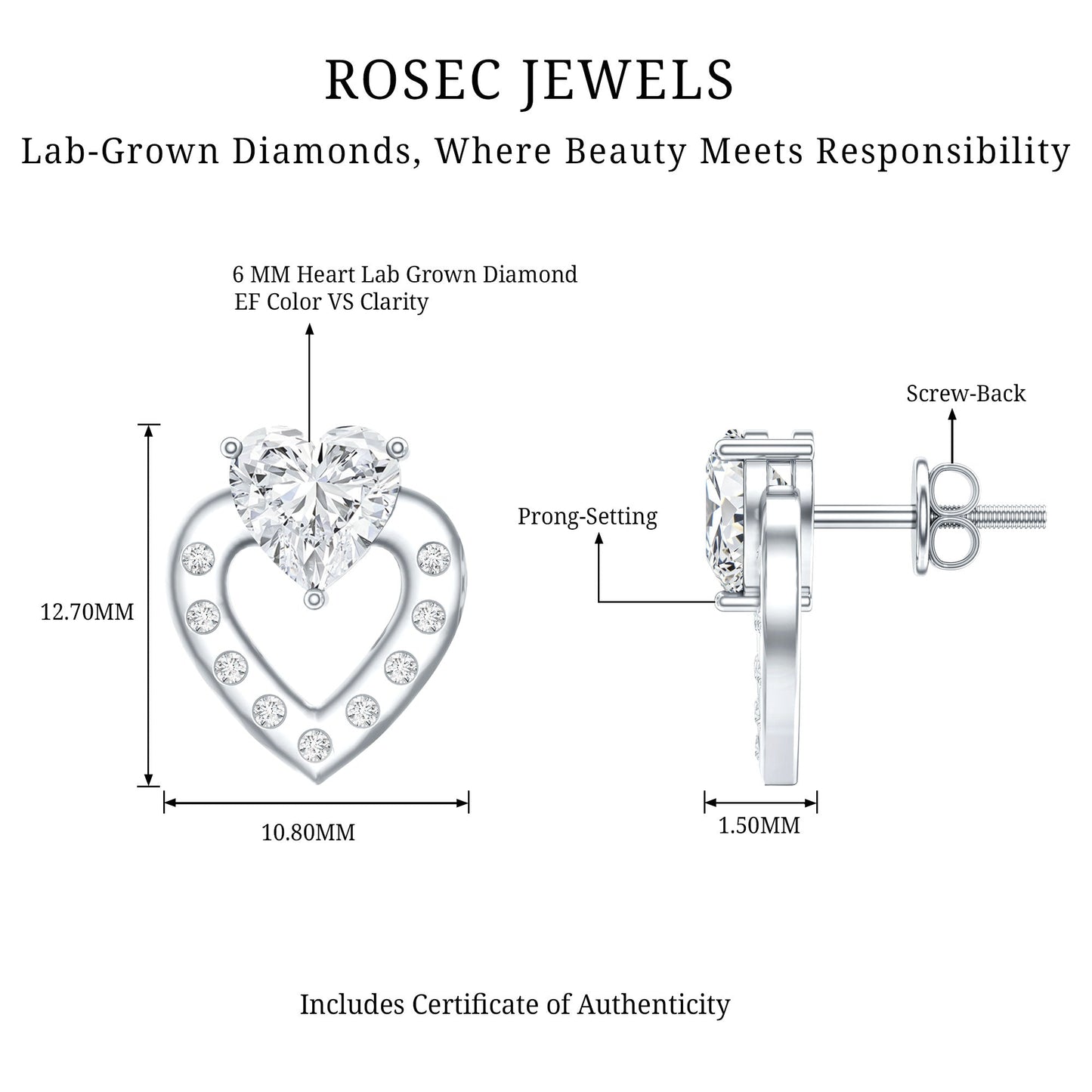 6 MM Lab Grown Diamond Heart Studs For Her