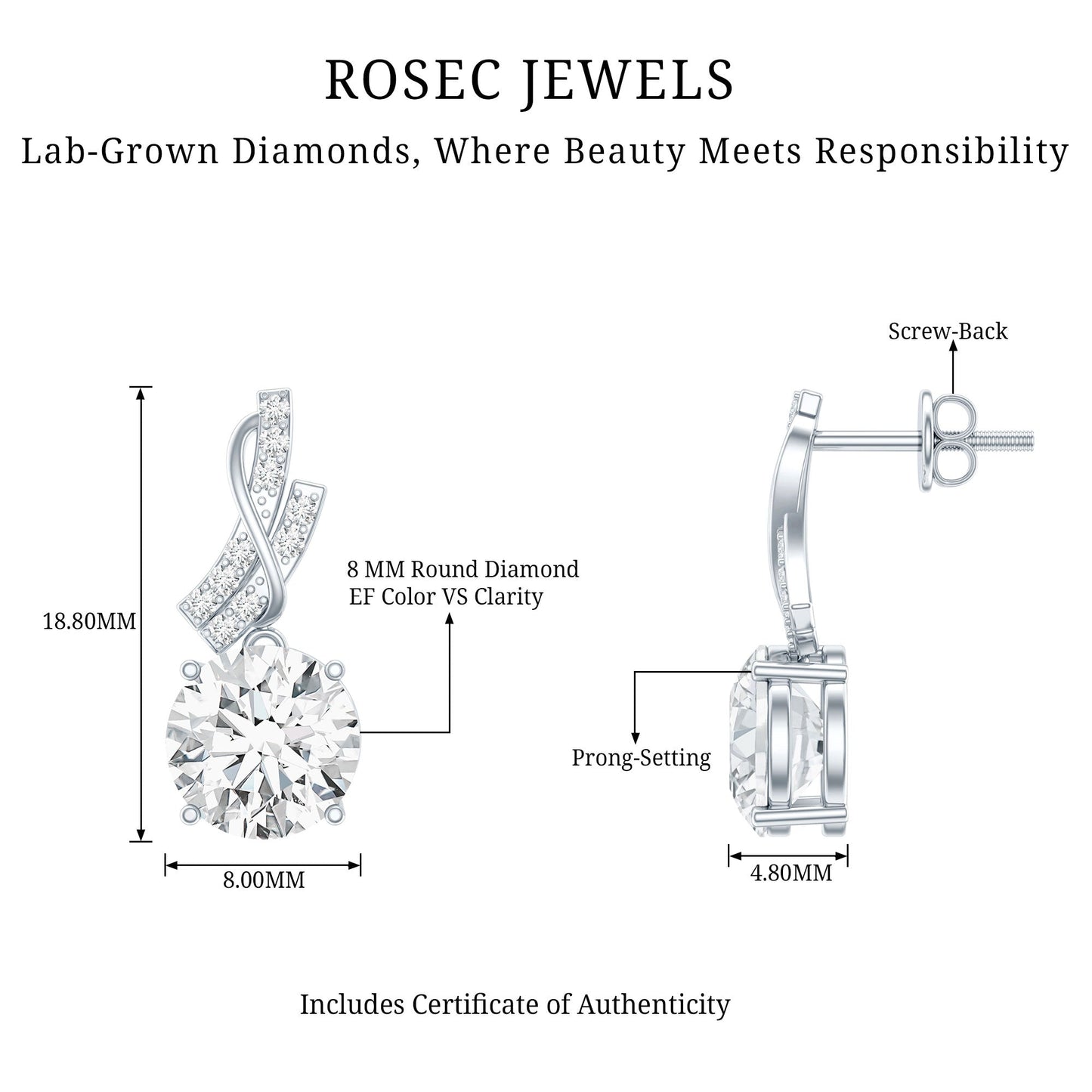 Certified Lab 8 mm Round Diamond Designer Drop Earrings