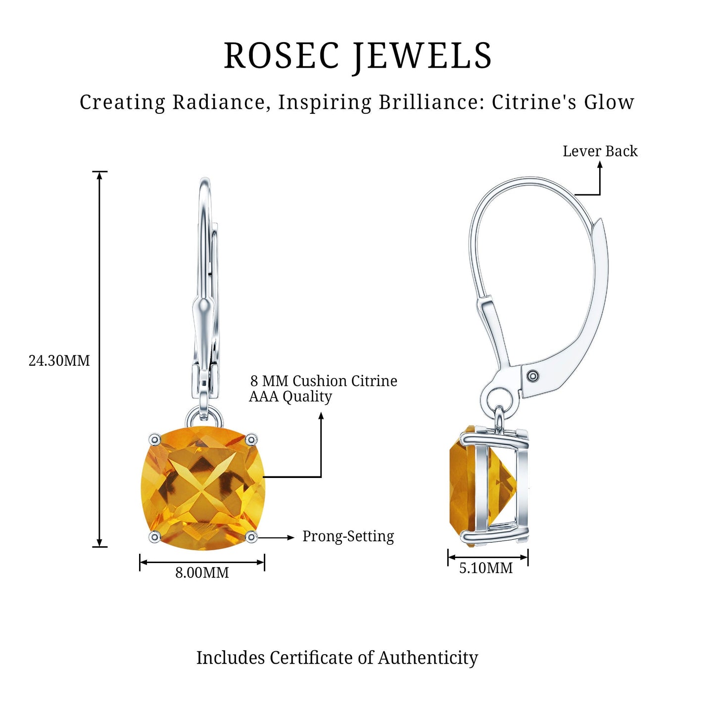 8MM Cushion Cut Citrine Solitaire Drop Earrings