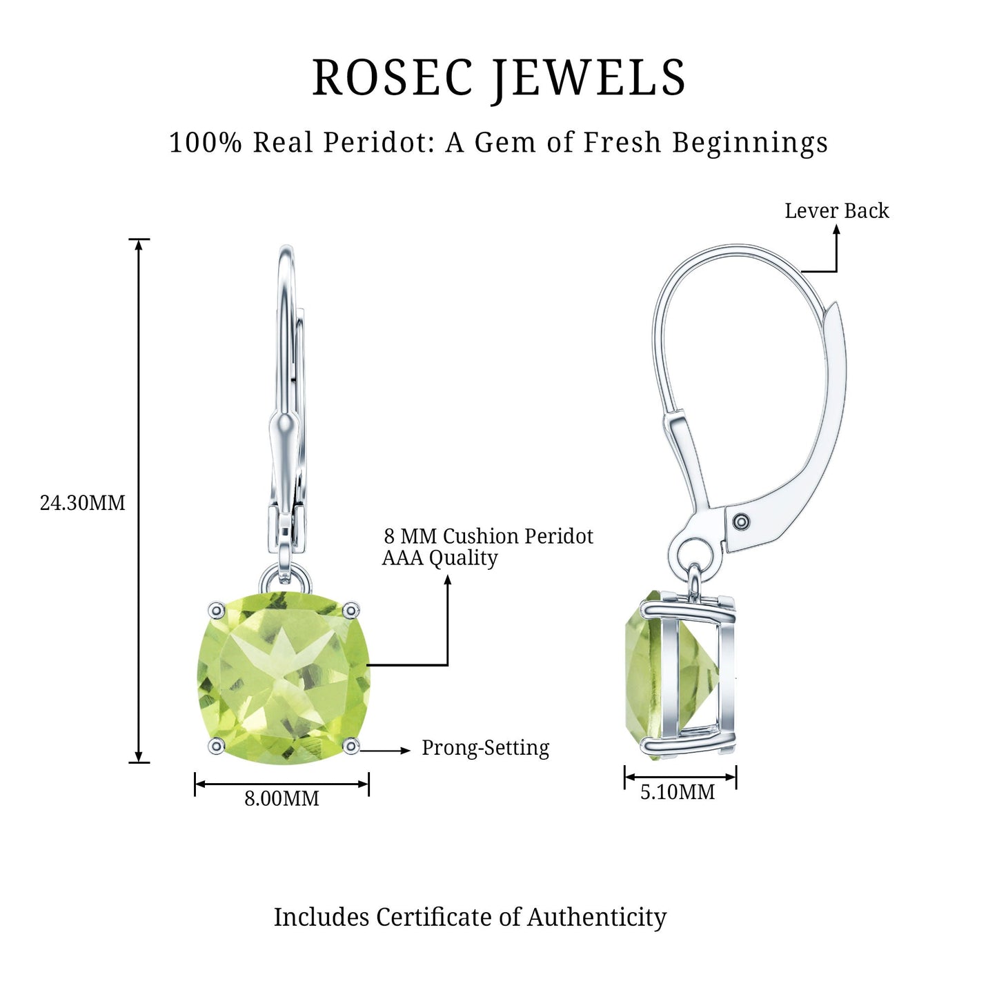 4 Carat Cushion Cut Peridot Solitaire Drop Earrings with Leverback