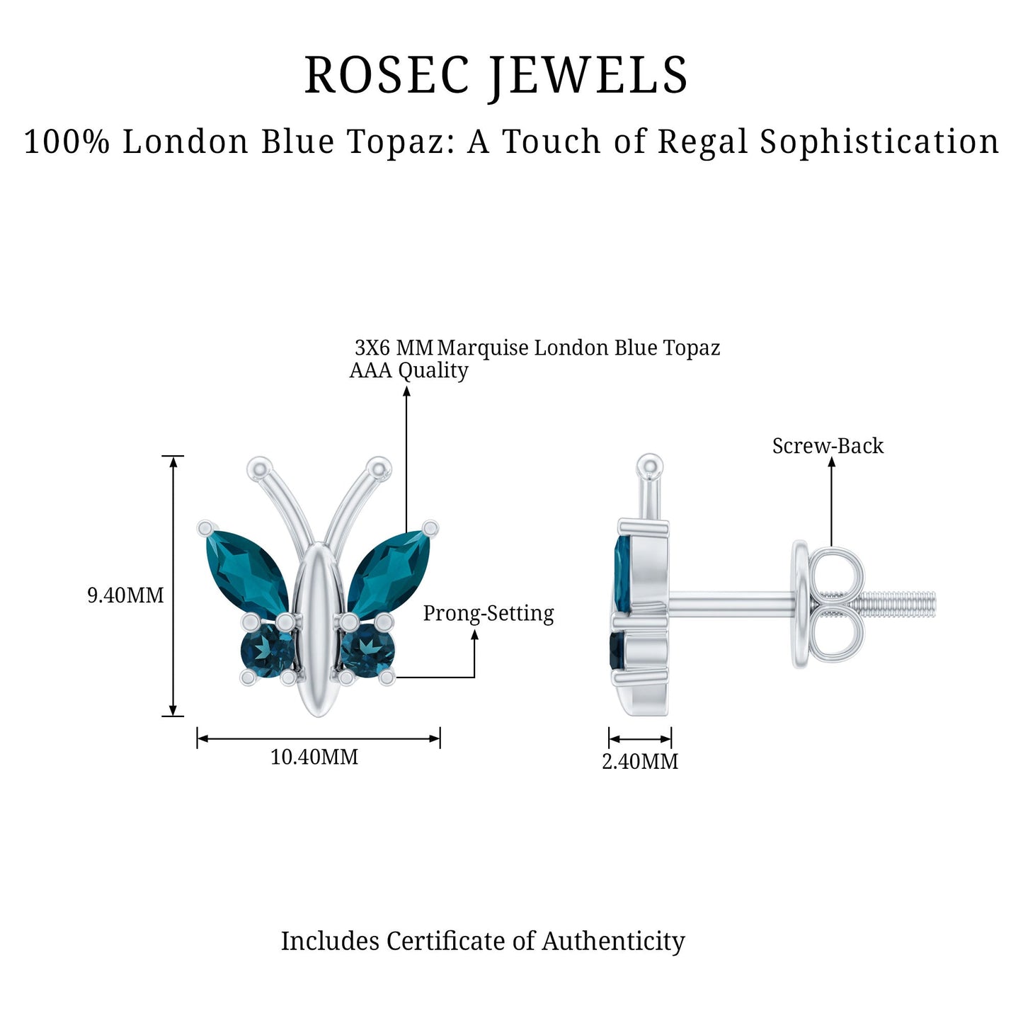 Butterfly Stud Earrings with London Blue Topaz