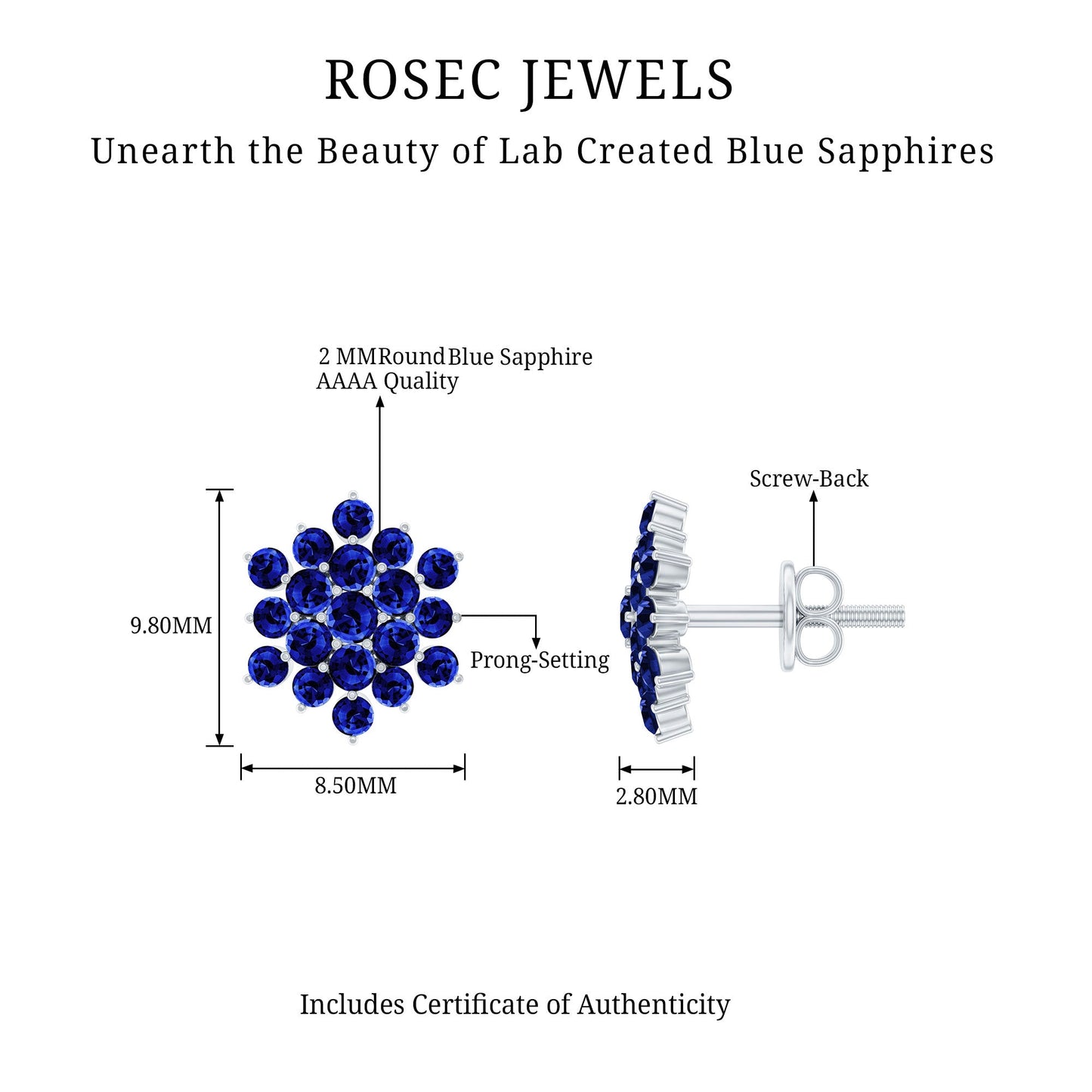 Flower Inspired Lab Grown Blue Sapphire Cluster Stud Earrings