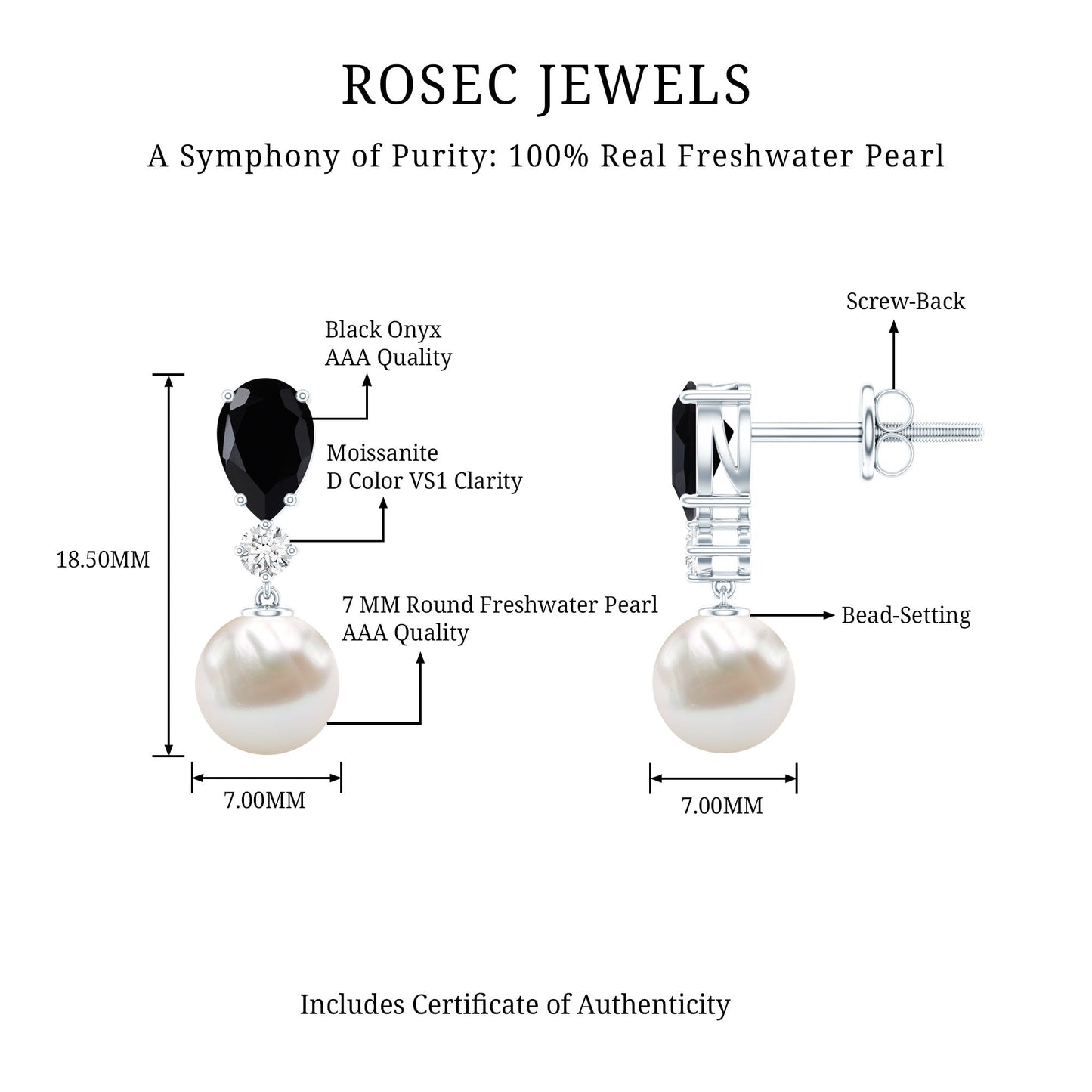 5.75 CT Freshwater Pearl Drop Earrings with Black Onyx and Moissanite