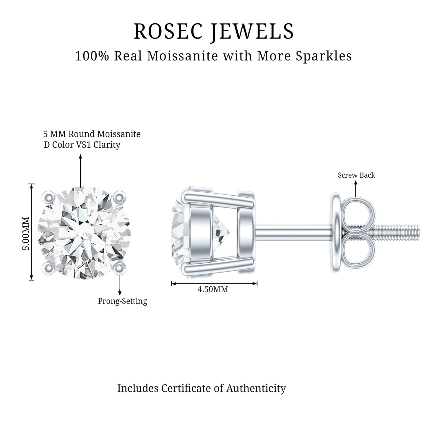 5 MM Round Moissanite Solitaire Screw Back Stud Earrings