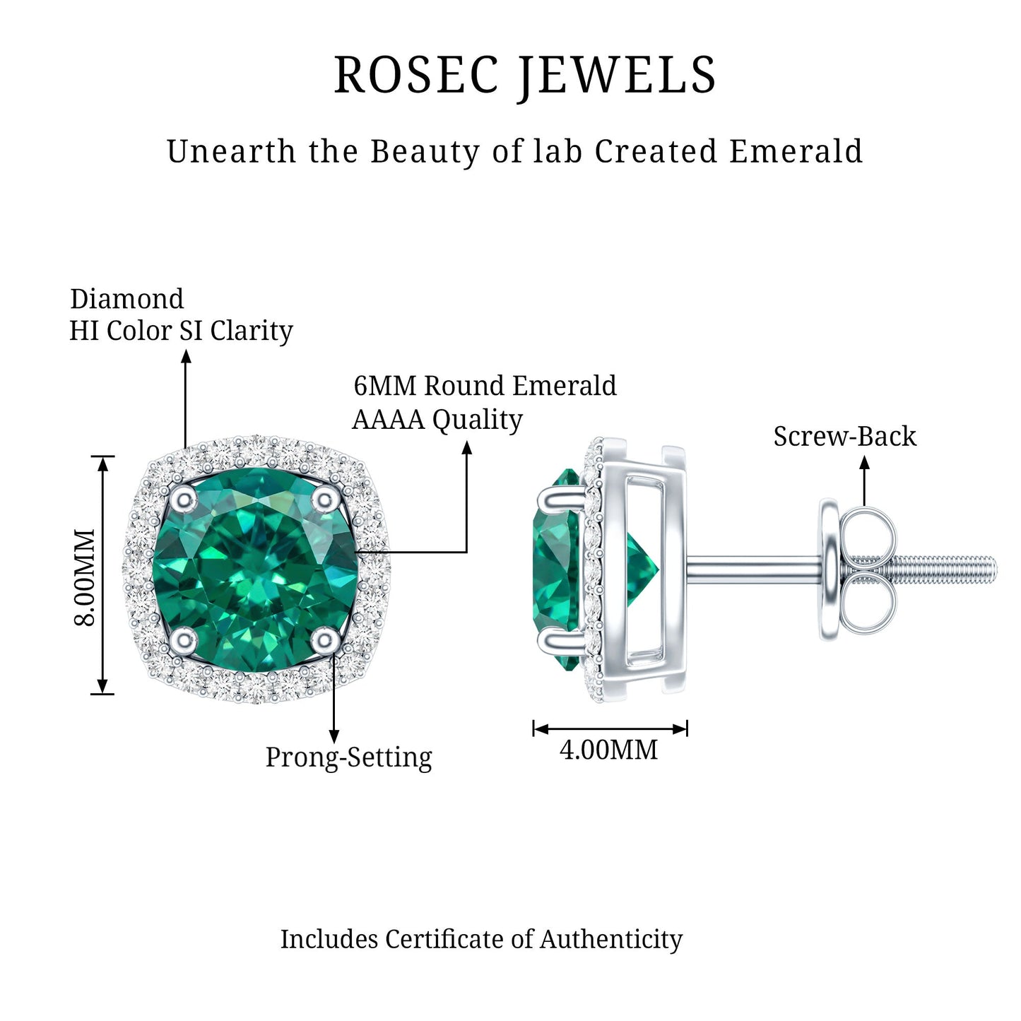 6 MM Lab Grown Emerald Stud Earrings with Diamond Halo