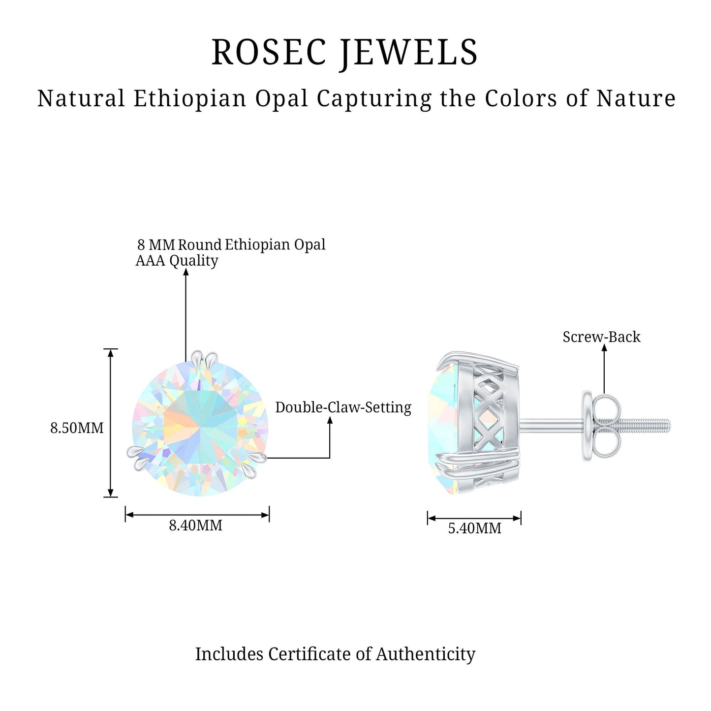 8MM Ethiopian Opal Solitaire Stud Earrings in Double Prong Setting