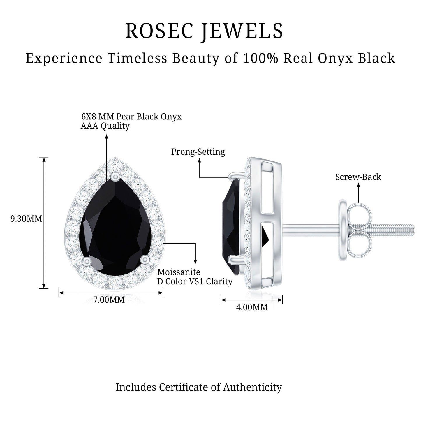 2 Carat Pear Cut Black Onyx and Moissanite Stud Earrings