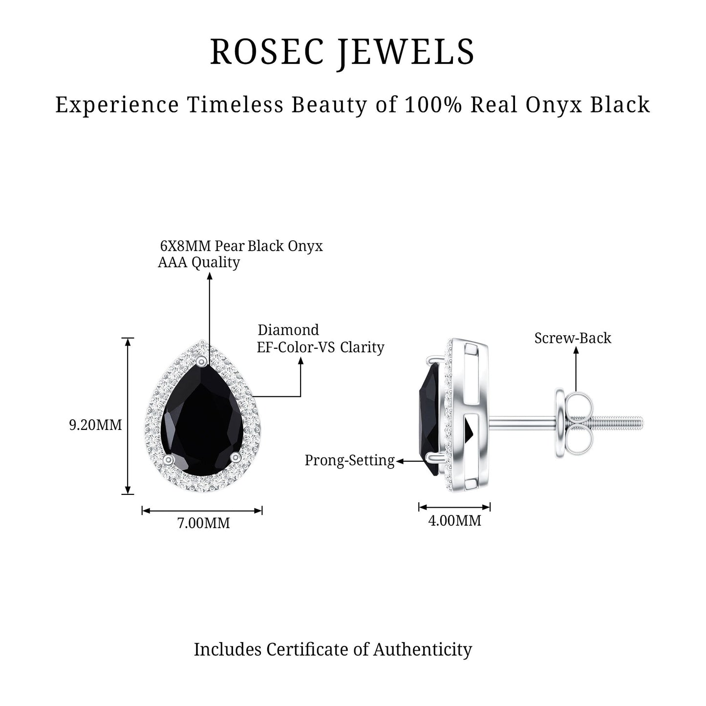 2 Carat Pear Cut Black Onyx and Moissanite Stud Earrings