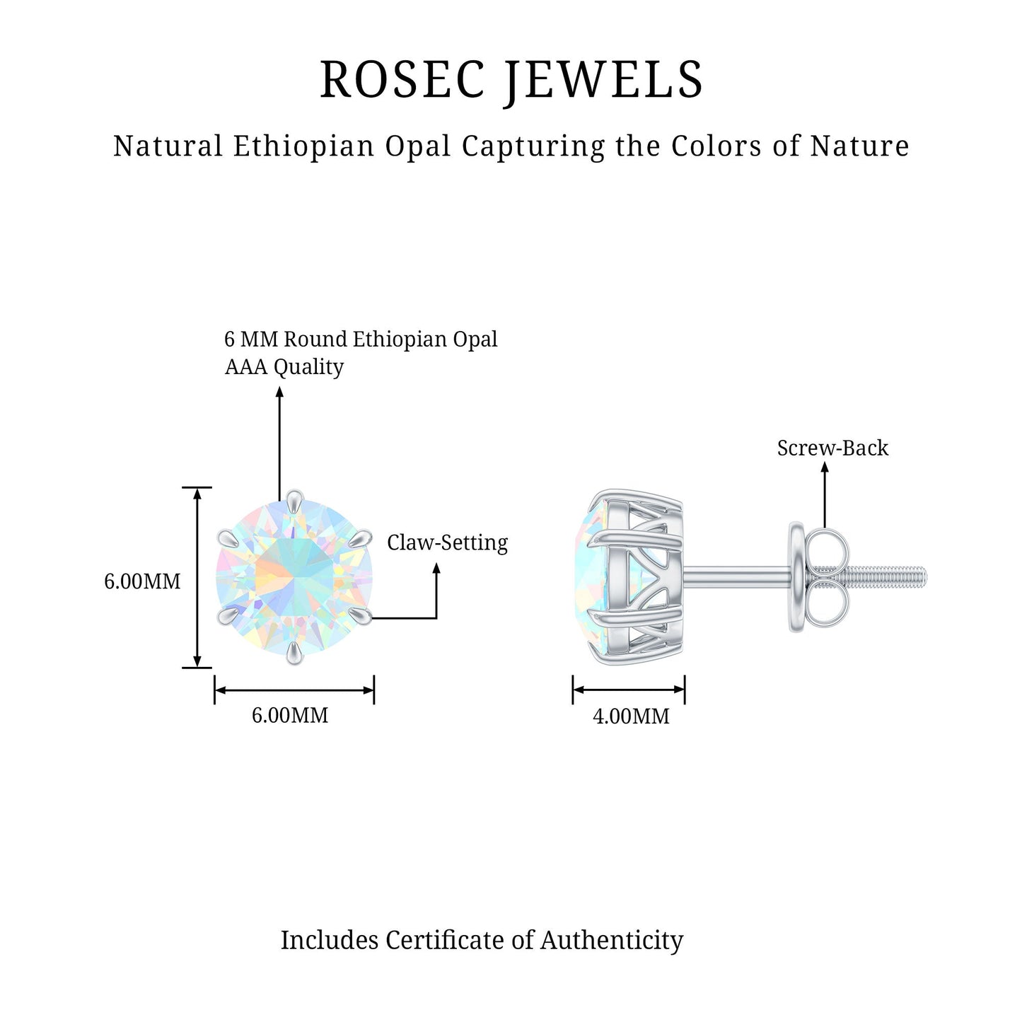 6MM Round Ethiopian Opal Solitaire Stud Earrings in 6 Claw Setting