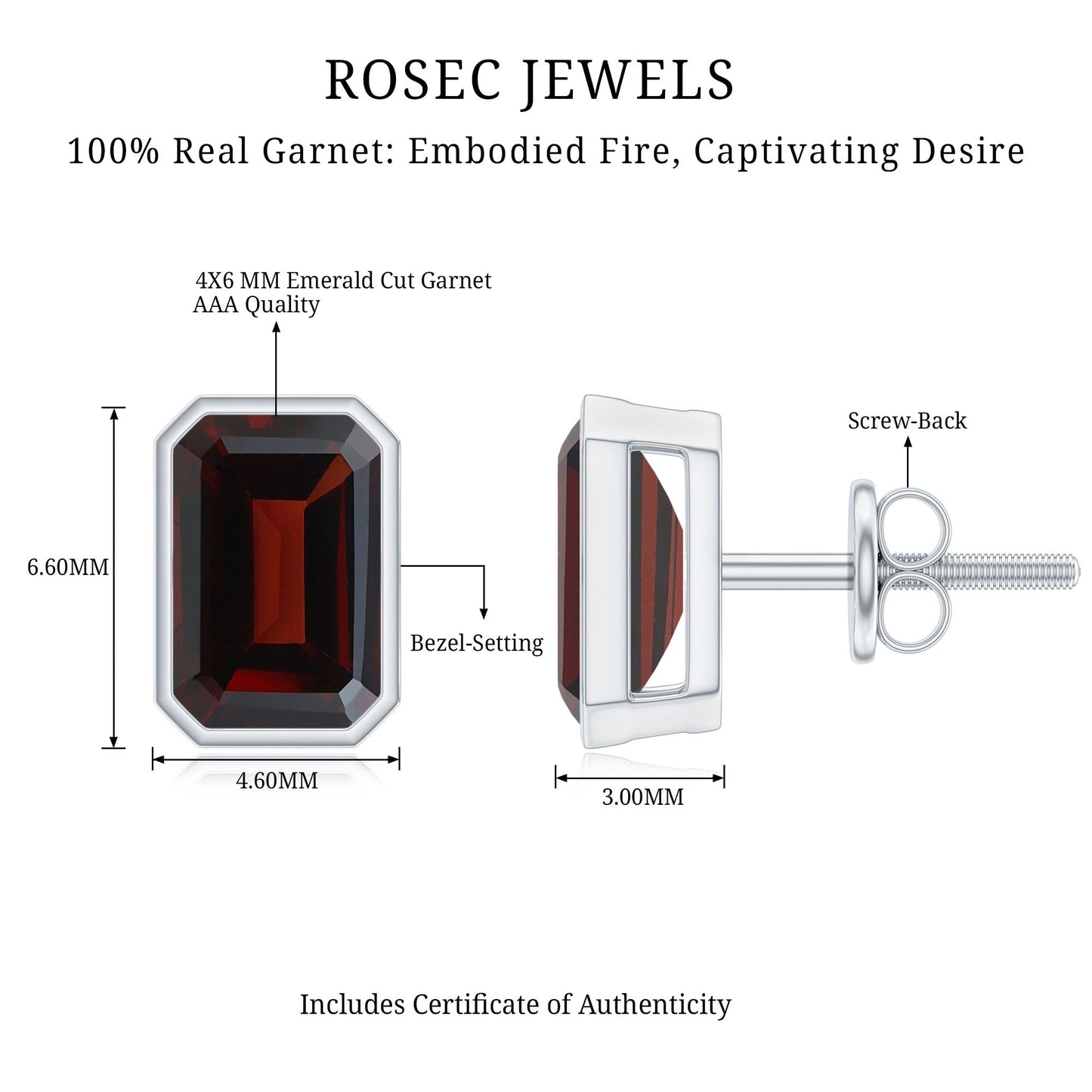 1.5 CT Emerald Cut Garnet Solitaire Stud Earrings in Bezel Setting