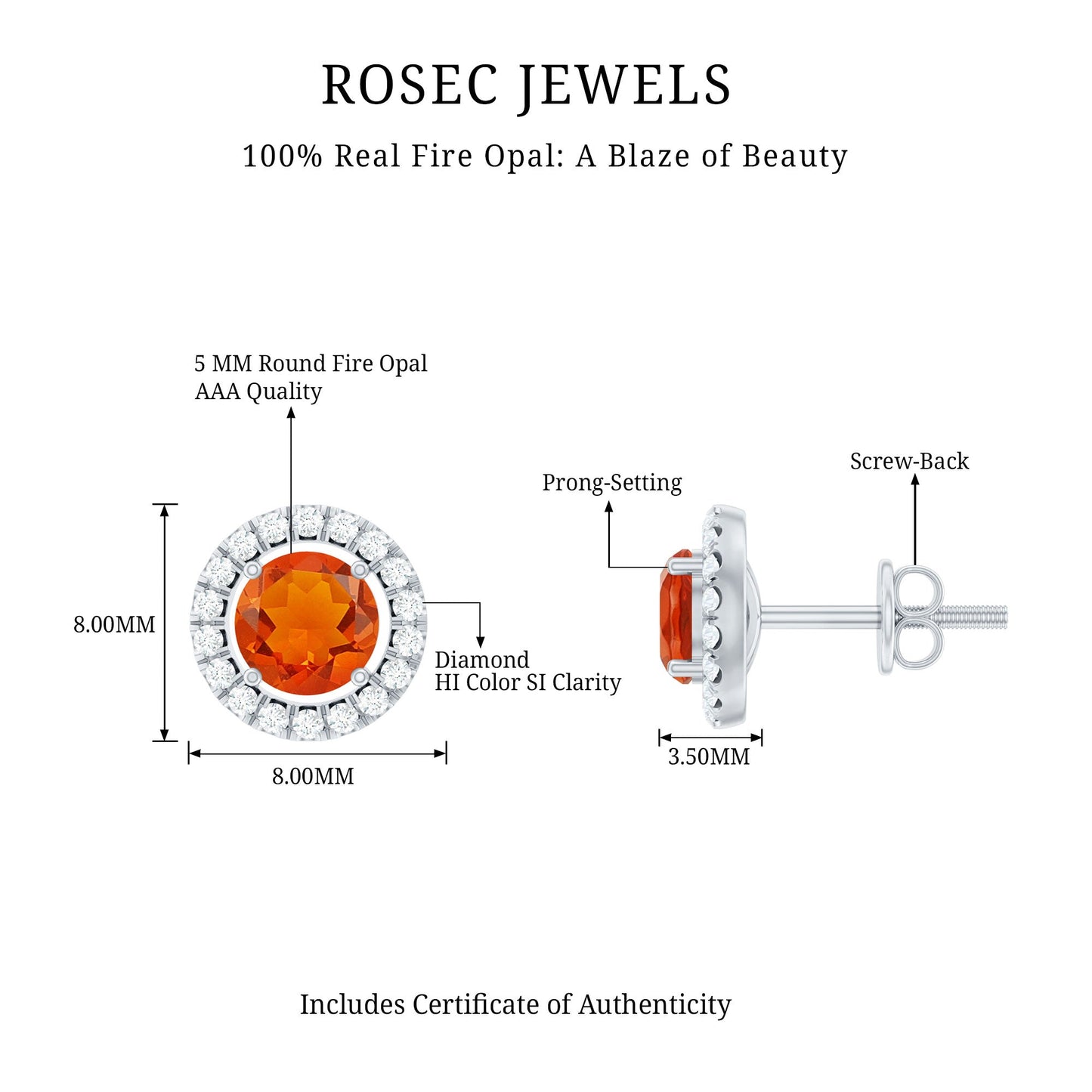 Natural Orange Fire Opal Stud Earrings With Diamonds