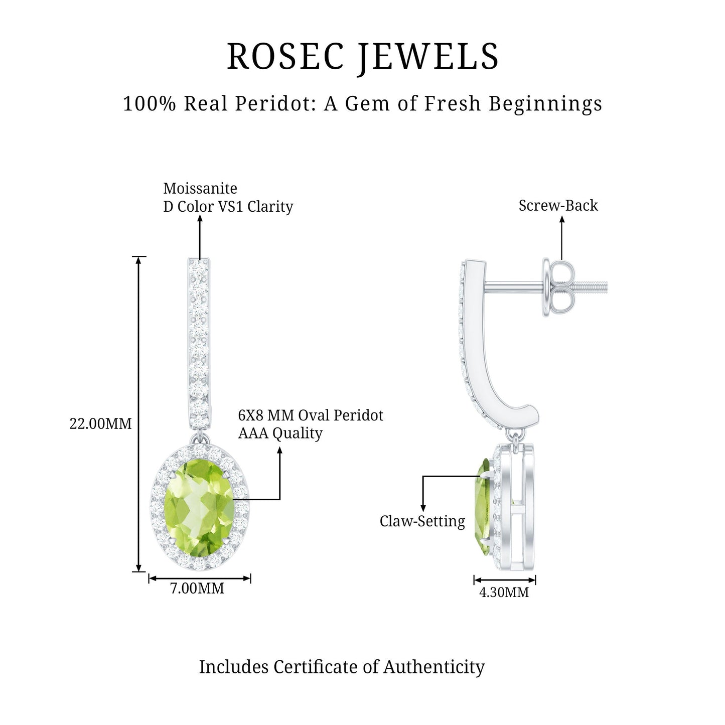2 Carat Claw Set Peridot and Moissanite Drop Hoop Earrings